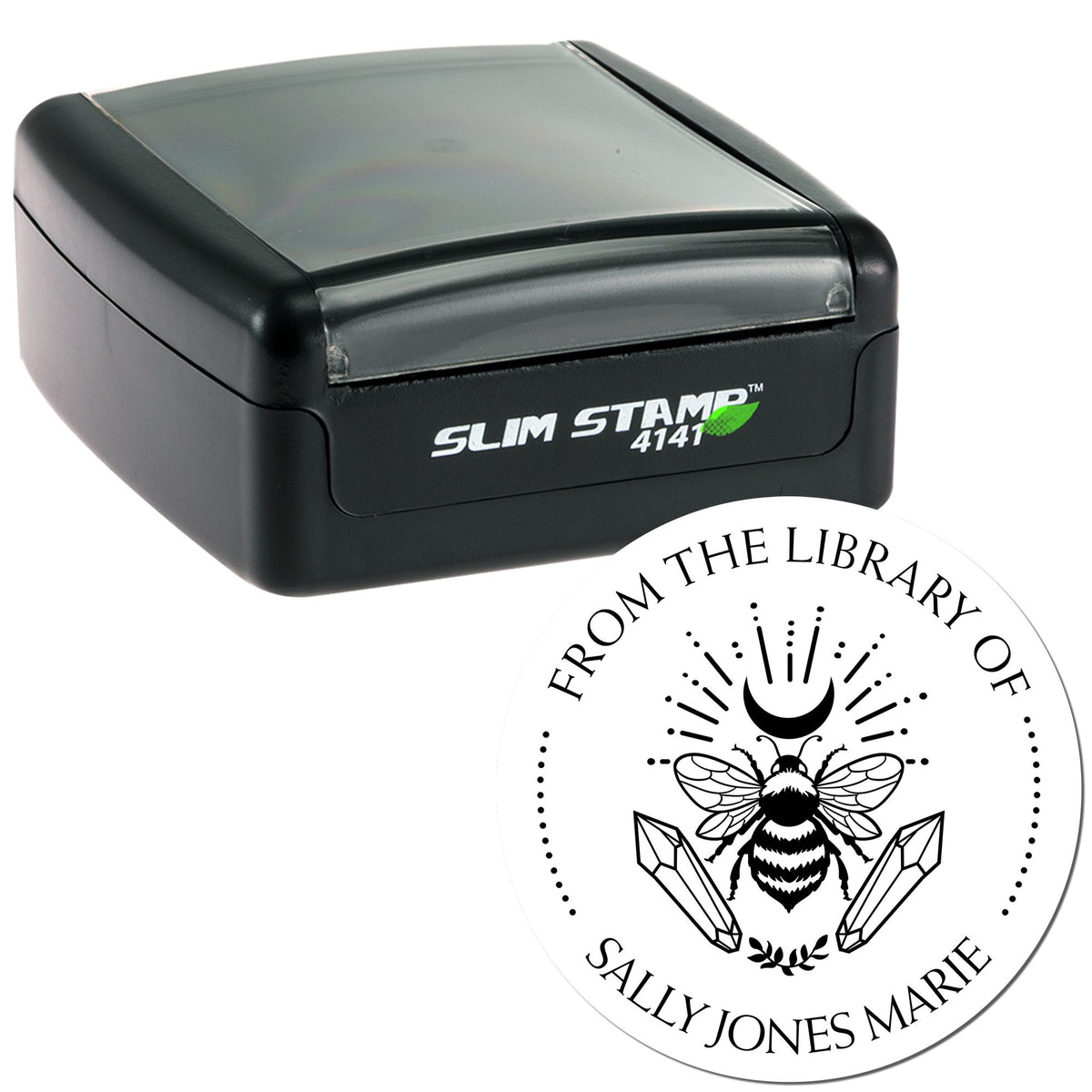 Black Slim Stamp 4141 self-inking stamp with custom circular library seal, bee emblem, and moon design.