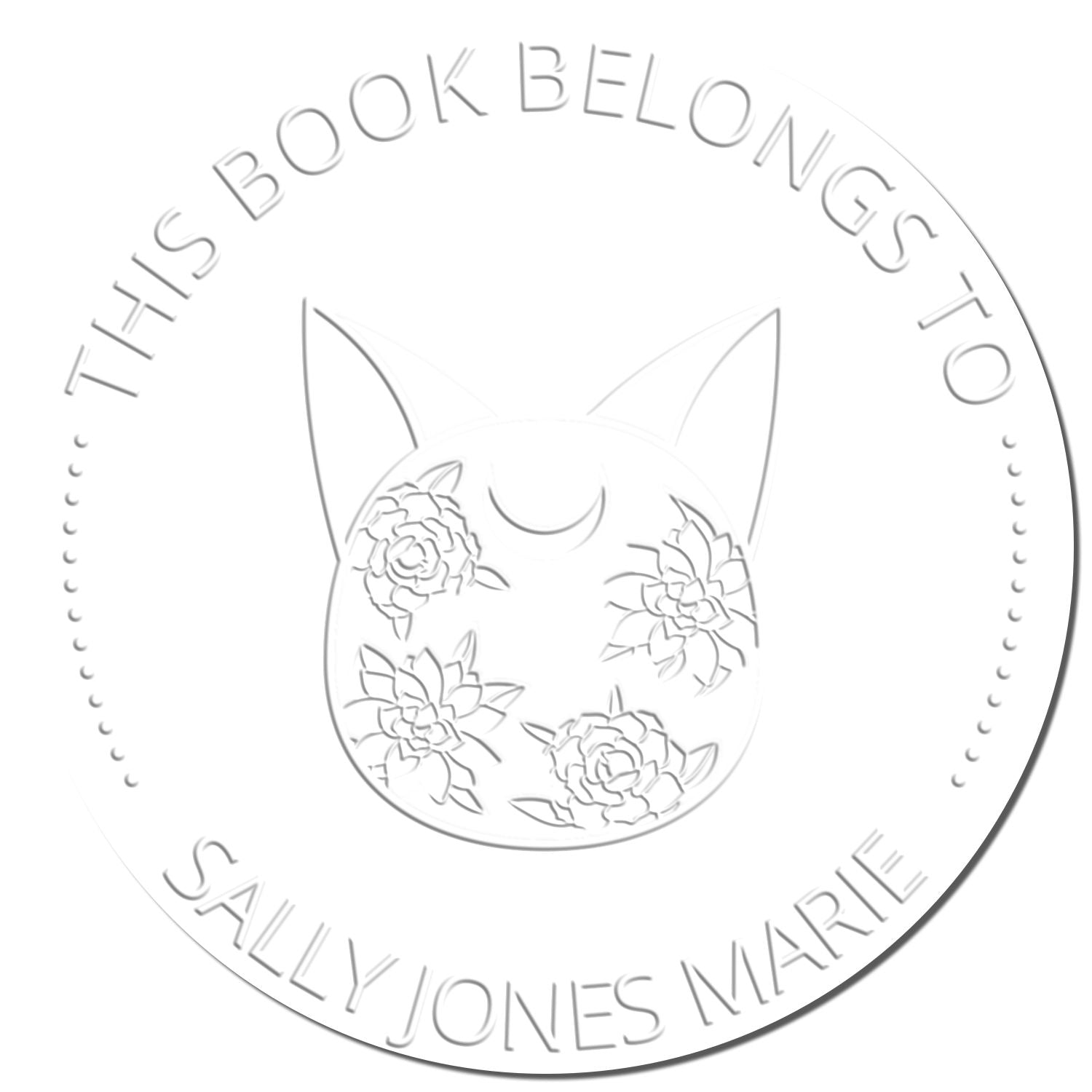 White circular embossing seal with cat silhouette, floral accents, and curved book ownership text.