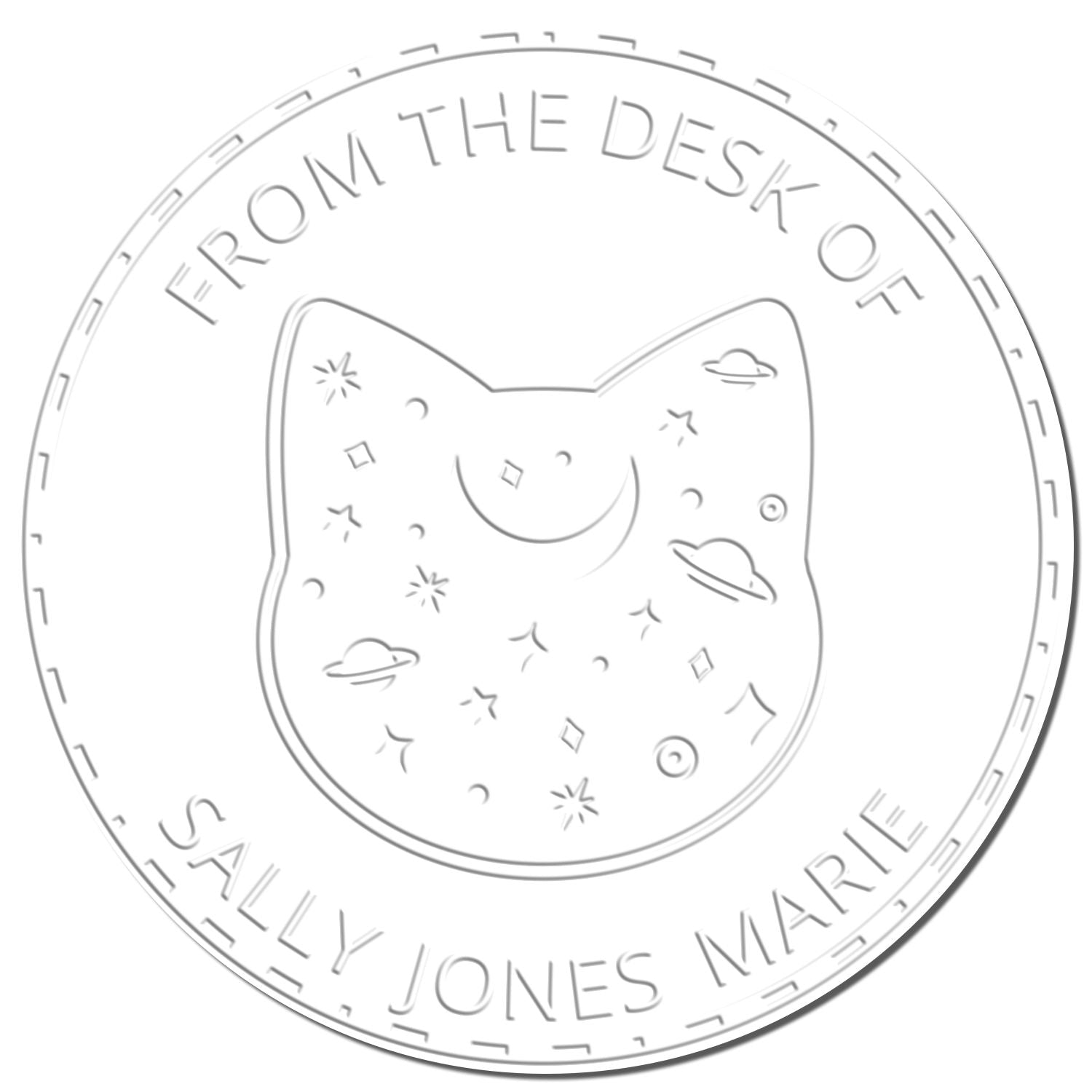 White embossed circular stamp seal with cat face, stars, and “From the Desk of Sally Jones Marie” text.
