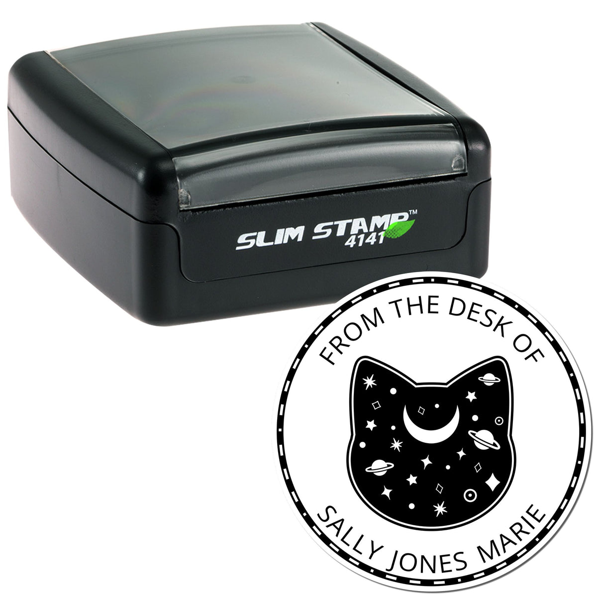 Black Slim Stamp 4141 and round custom seal with cat-and-stars design, white border, and From the desk of Sally Jones Marie text.