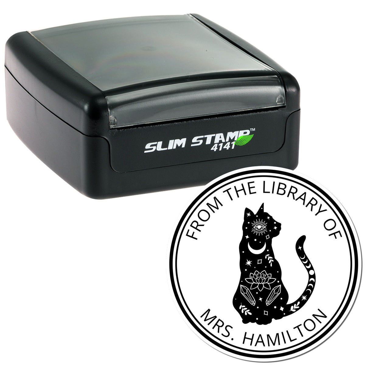 Black Trodat Slim Pre-Inked Lunara's Crescent Tarot astrological library collection stamp with detailed crescent moon design.