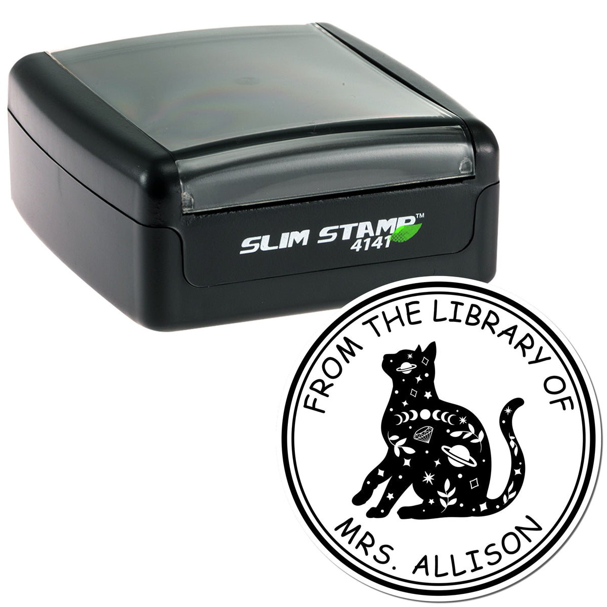 Black Slim Stamp 4141 self-inking stamp and round custom seal with black cat design and white lettering on white background