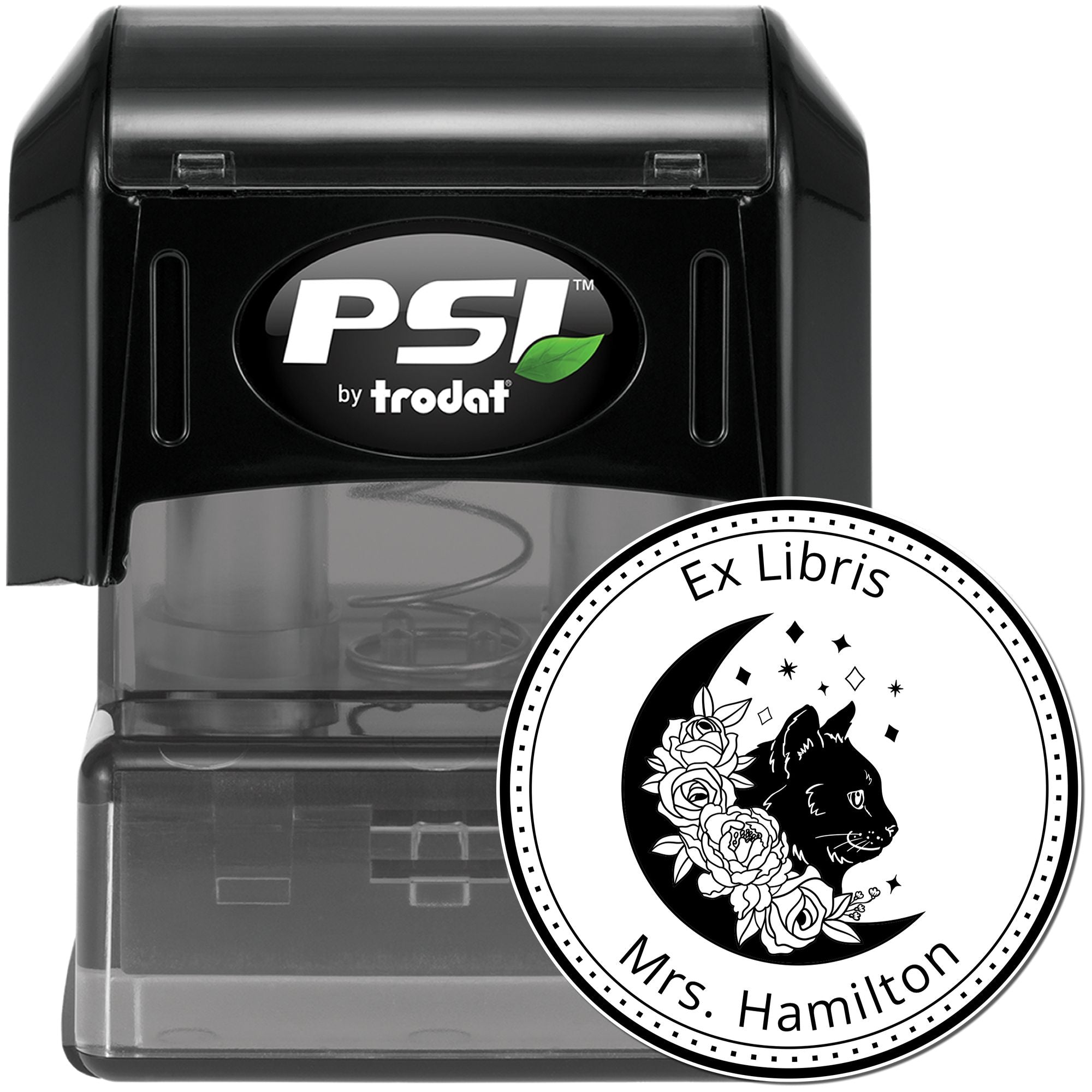 Black PSI by Trodat self-inking stamp and round Ex Libris seal with cat, roses, moon, and white lettering.