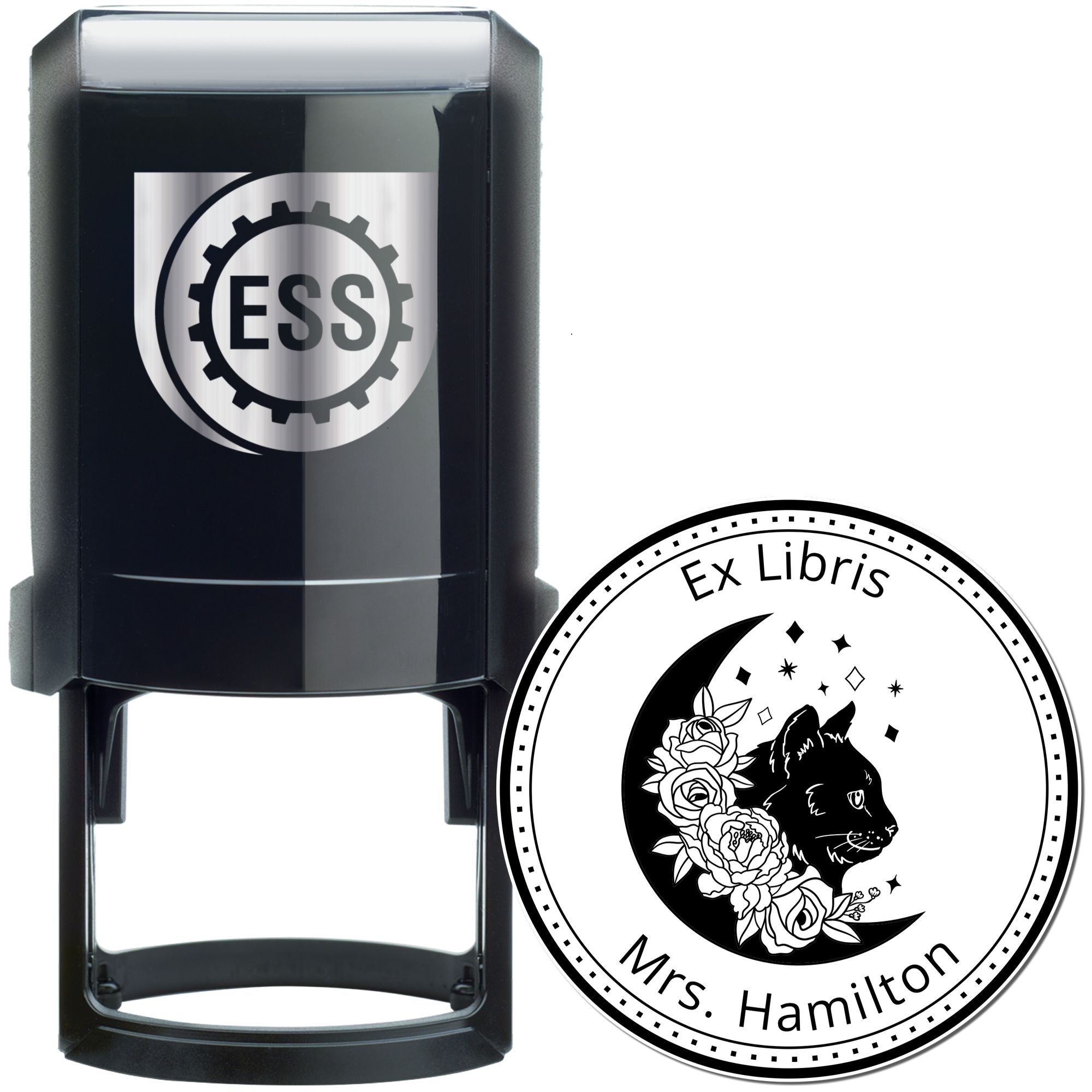 Black self-inking stamp and round Ex Libris seal with cat and flowers, featuring Mrs. Hamilton and ESS logo.