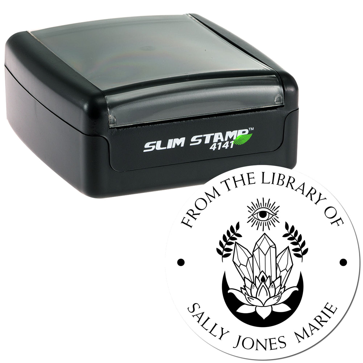 Black Slim Stamp 4141 self-inking stamp with white custom circular seal for From the Library of Sally Jones Marie.