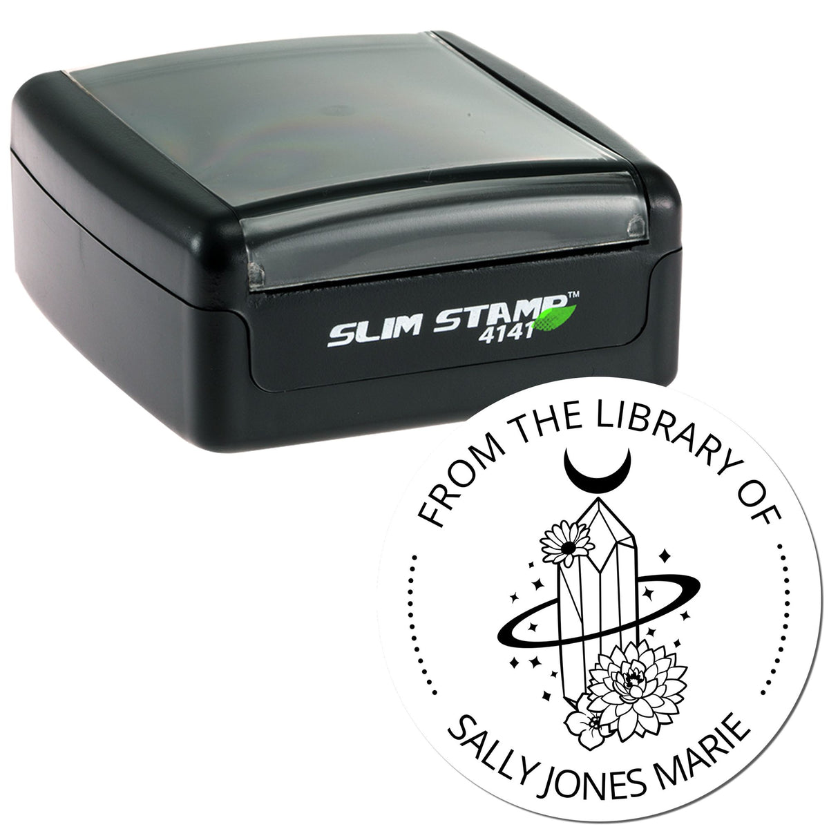 Black Slim Stamp 4141 with translucent top beside a white circular library seal featuring a crystal, flowers, and Sally Jones Marie.