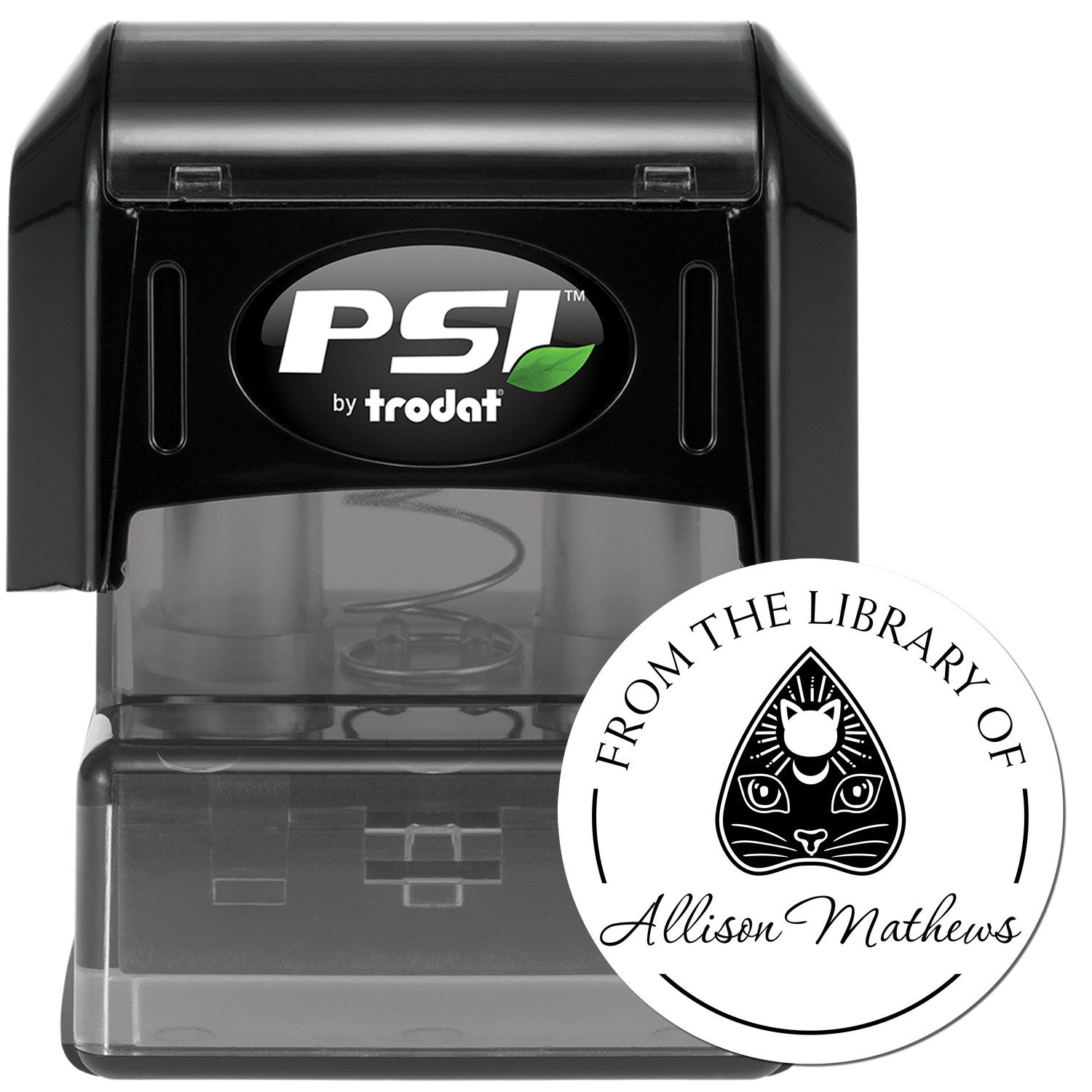 Black PSI by Trodat self-inking stamp with white round library seal featuring cat logo and Allison Mathews