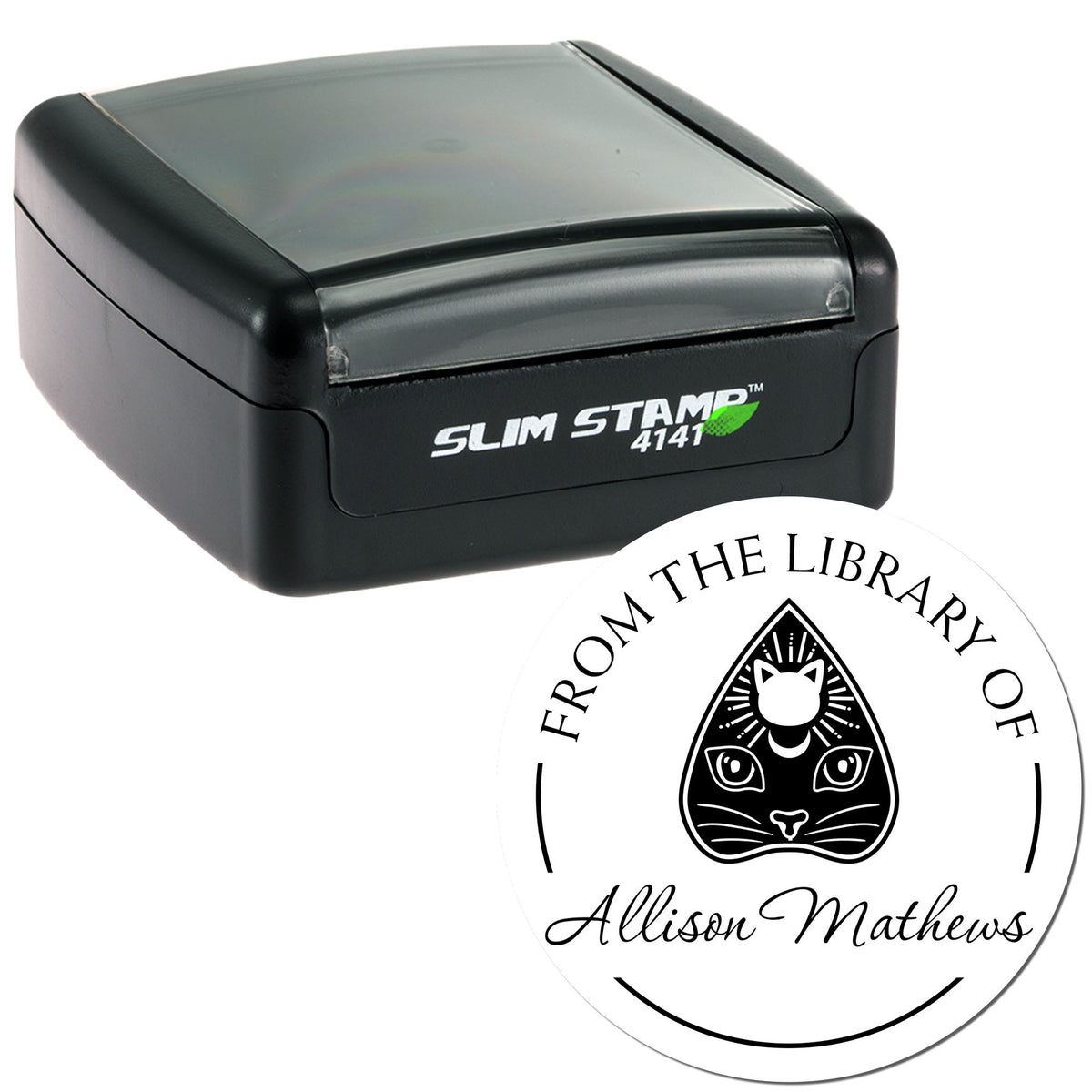 Black Slim Stamp 4141 self-inking stamp with custom circular library seal, cat emblem, and Allison Mathews name.