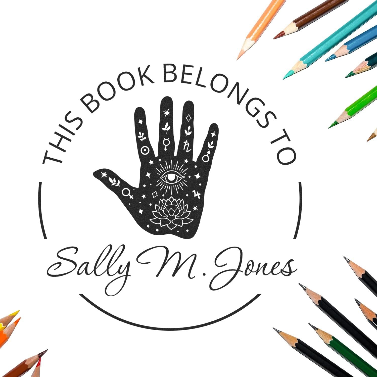 Custom black book stamp and seal with mystical hand design, Sally M. Jones name, and colorful pencils around the border.