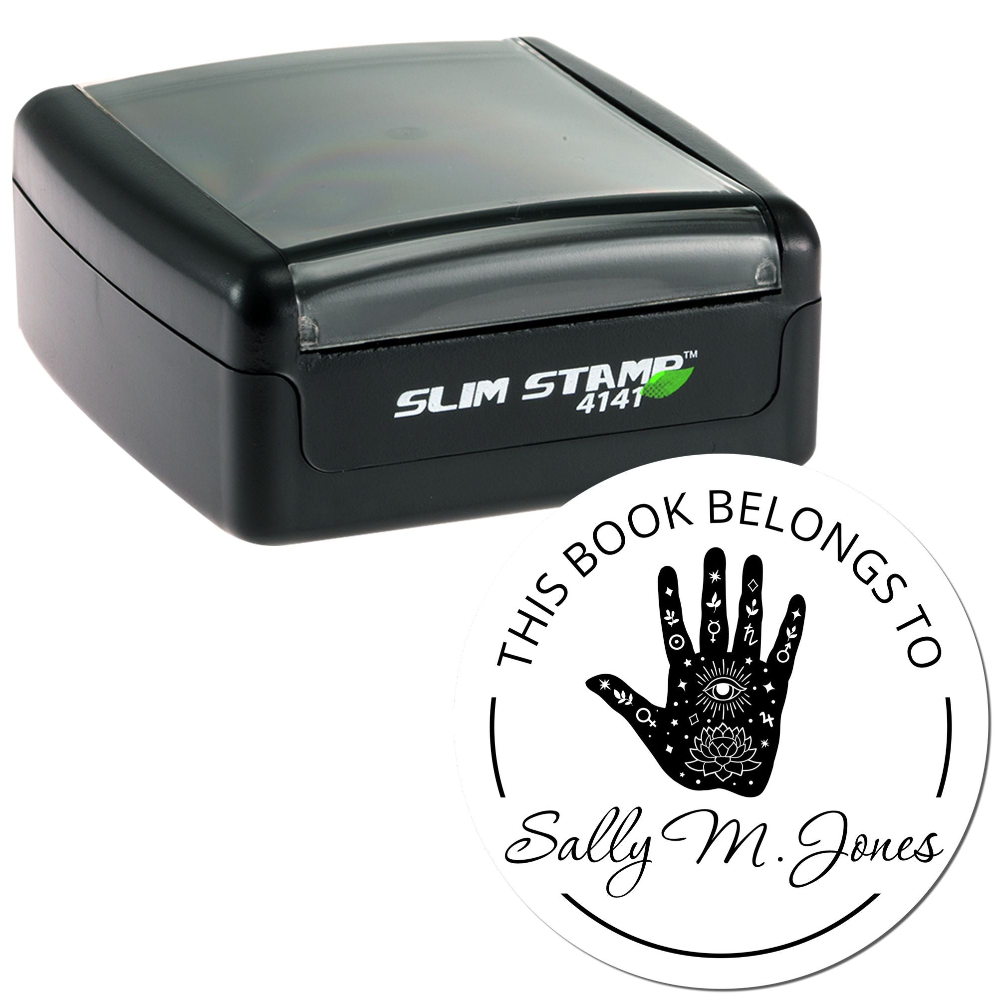 Black Slim Stamp 4141 with custom round book ownership seal, white design featuring hand symbol and Sally M. Jones.