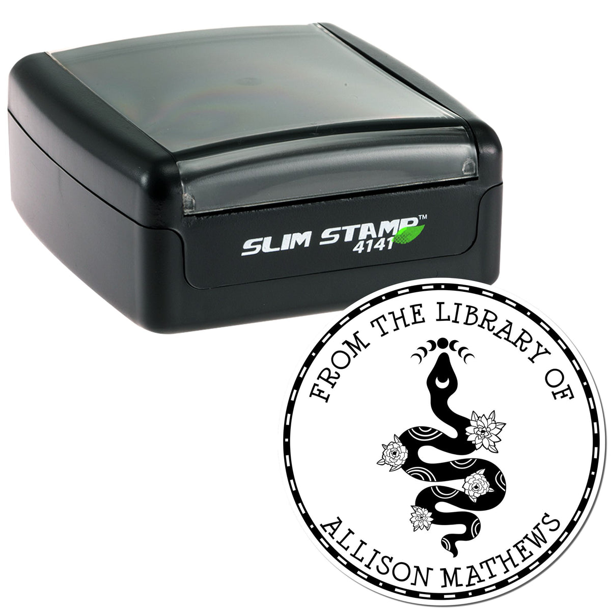 Black Trodat Slim Pre-Inked Nebula's Heart Tarot personalized astrological stamp with "Belongs To" design and zodiac symbols.