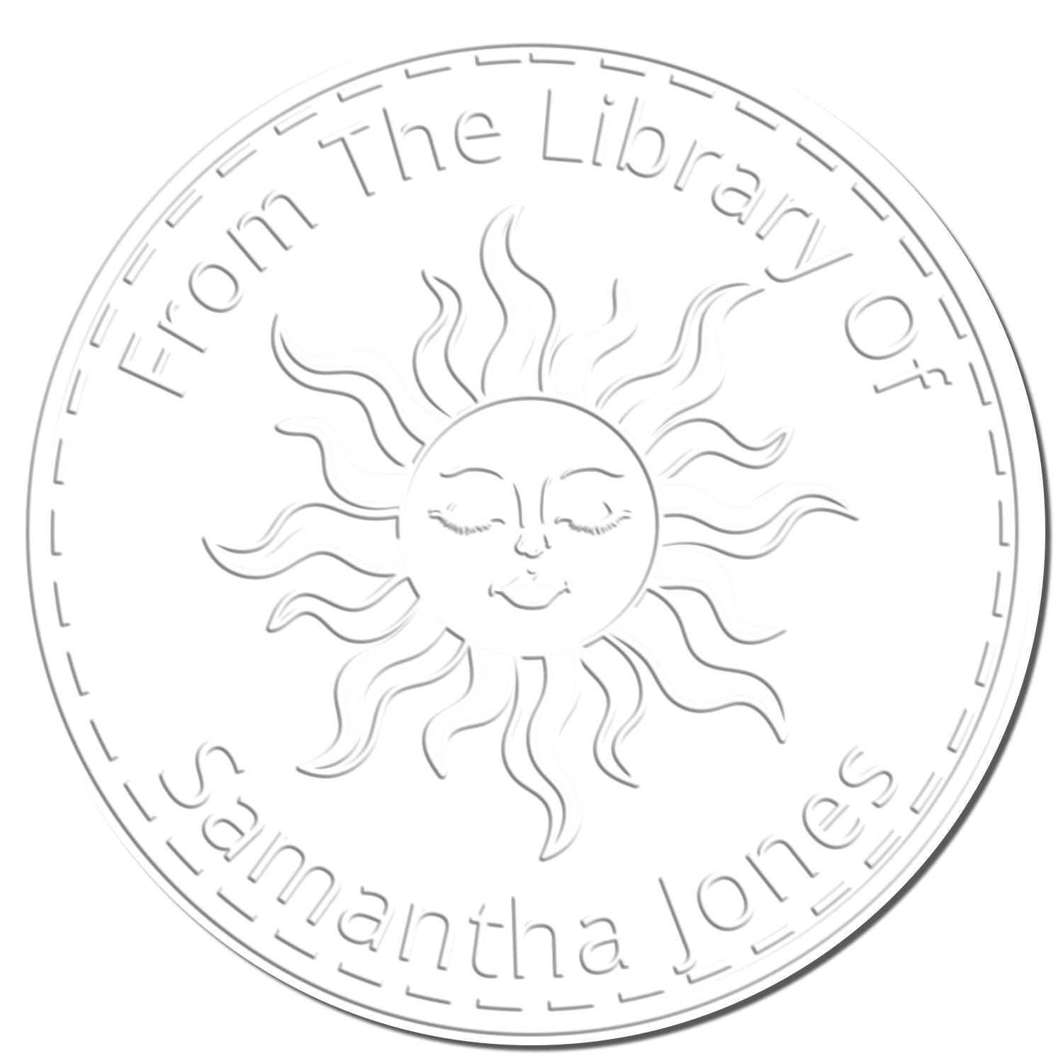 White circular library seal stamp with embossed sun face and curved text, From The Library of Samantha Jones.