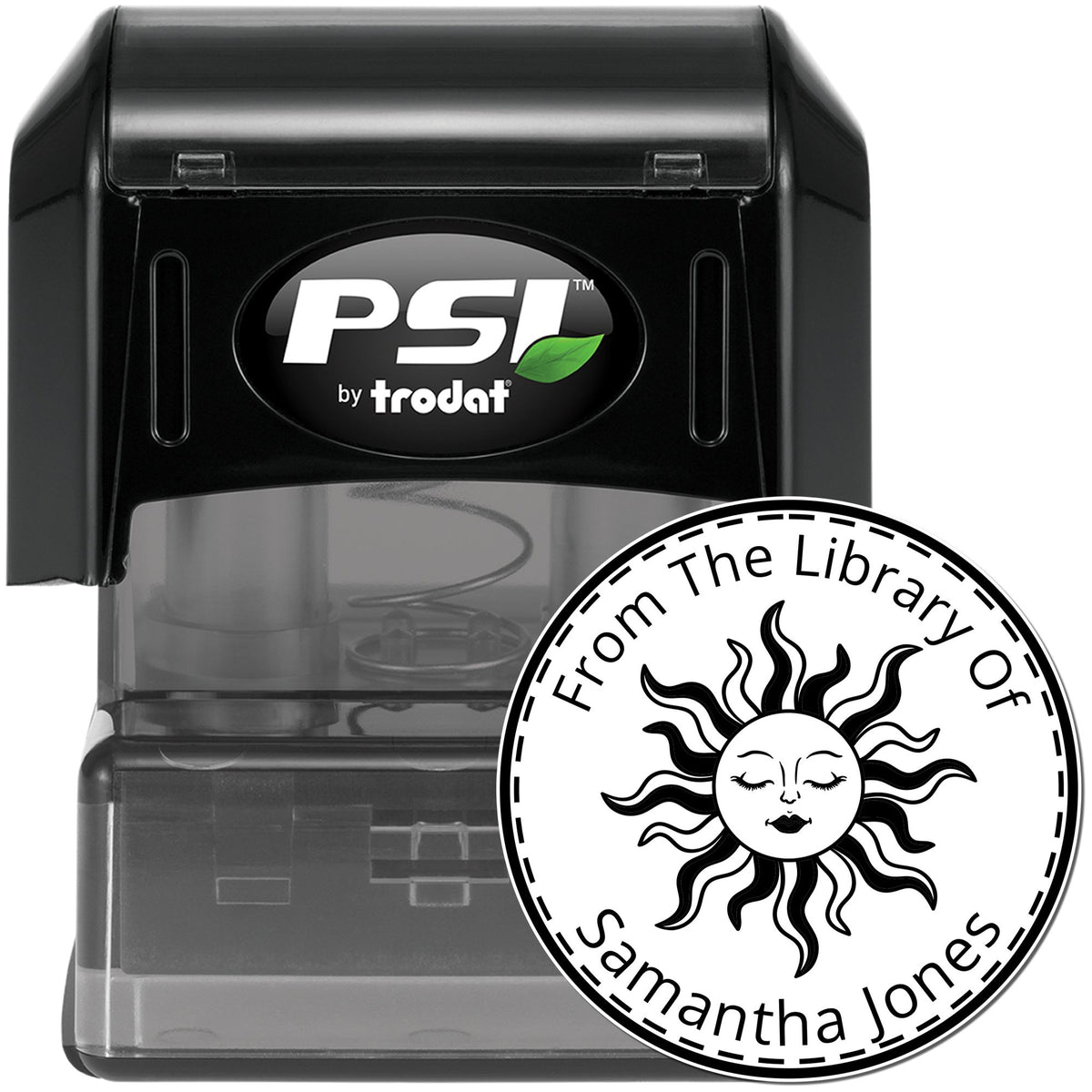 Black PSI by Trodat self-inking stamp with clear case and round library seal reading From The Library of Samantha Jones.