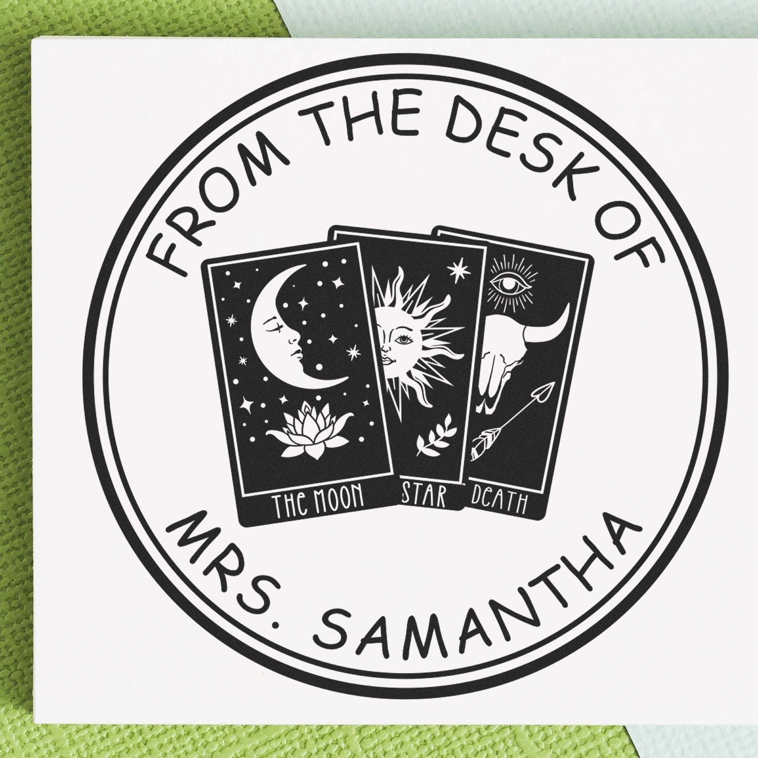 Black custom stamp seal reading From the Desk of Mrs. Samantha with moon, star, and death tarot cards on white.