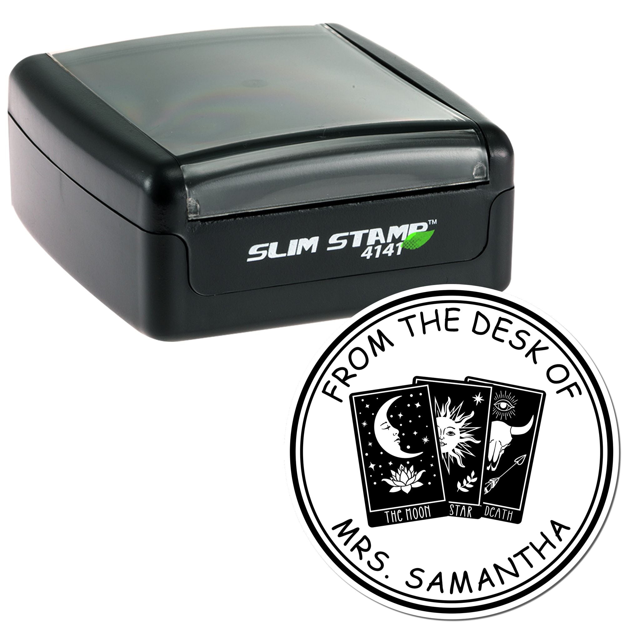 Black Slim Stamp 4141 self-inking stamp with round custom seal, tarot card design, and From the Desk of Mrs. Samantha.