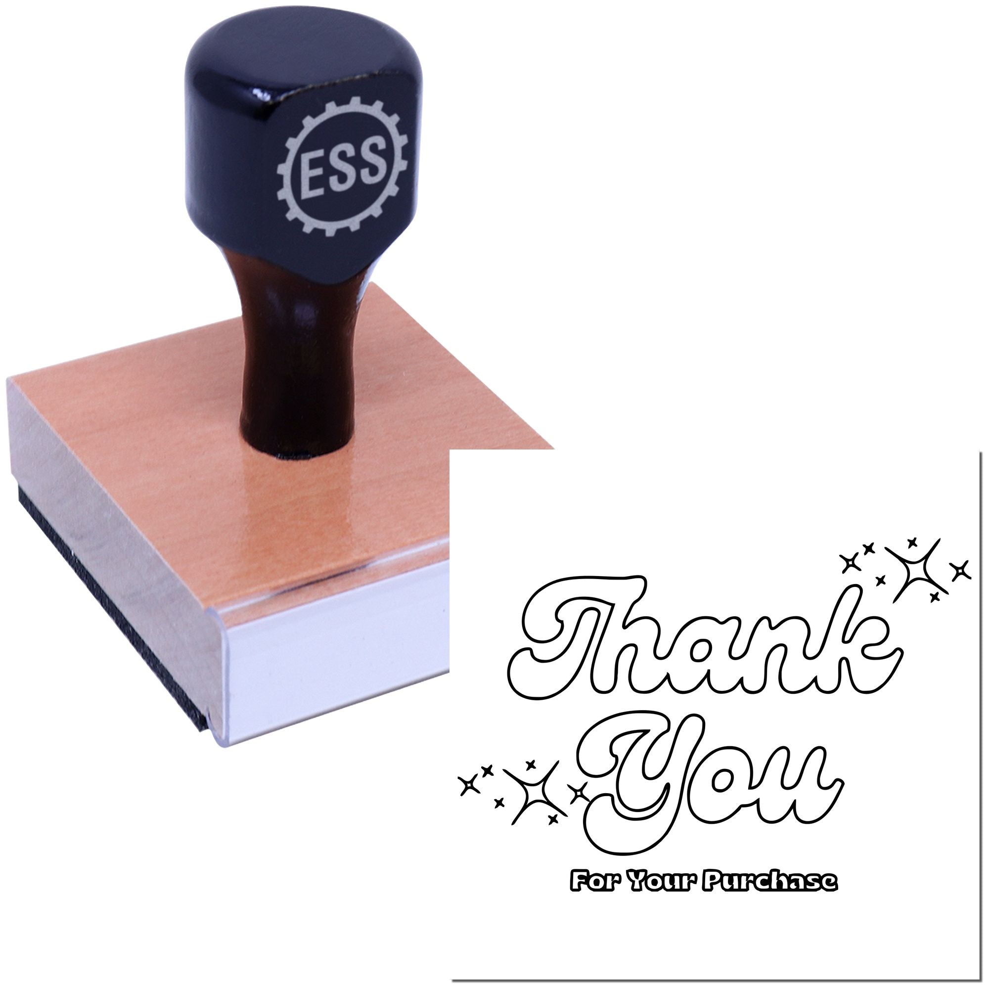 Black ESS custom rubber stamp with wooden base, featuring a Thank You seal design and sparkle accents on white background