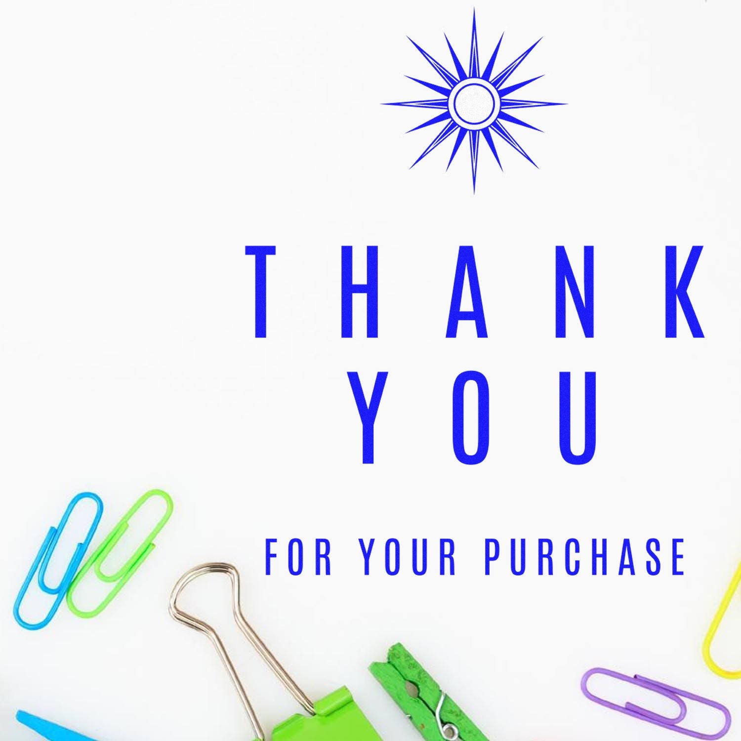 Blue thank you stamp and seal design with starburst logo and colorful paper clips on a white background.