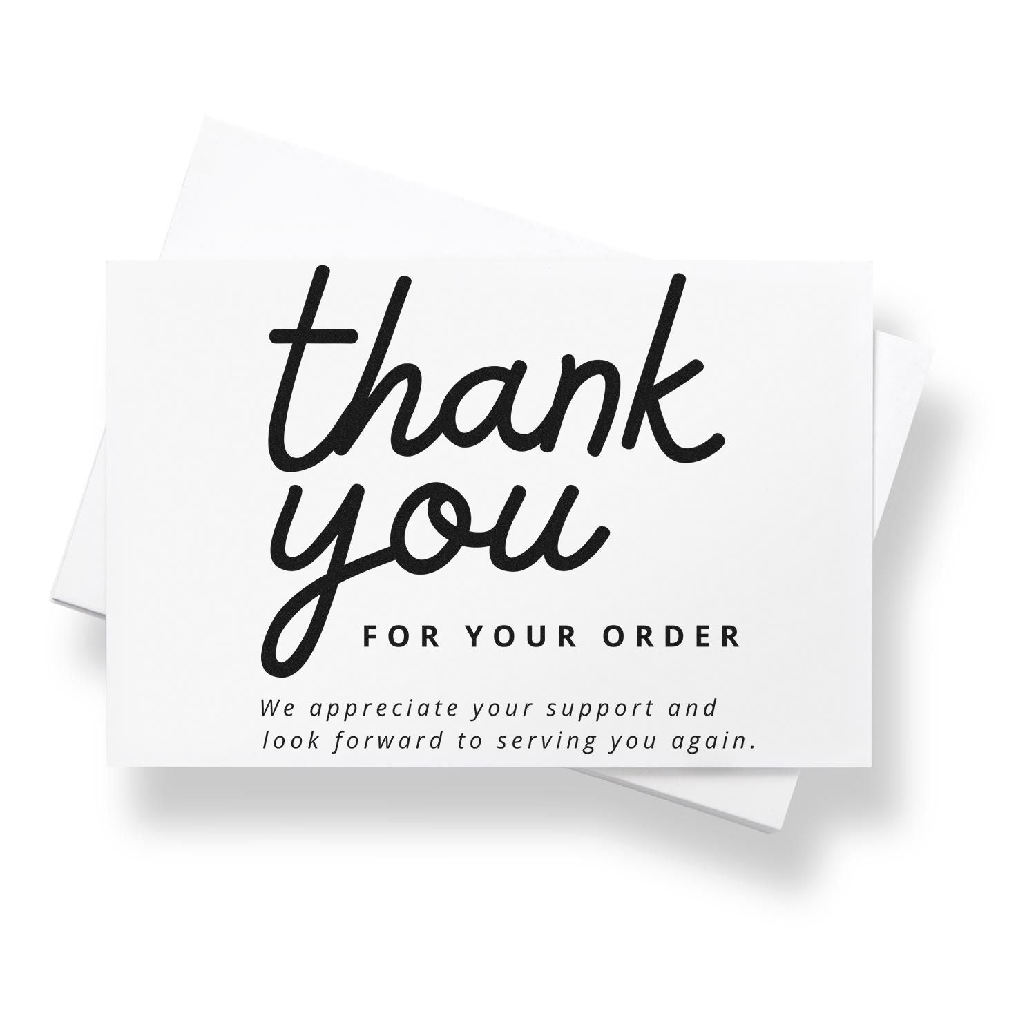 White thank-you stamp card with black script text on layered paper cards for order seals.