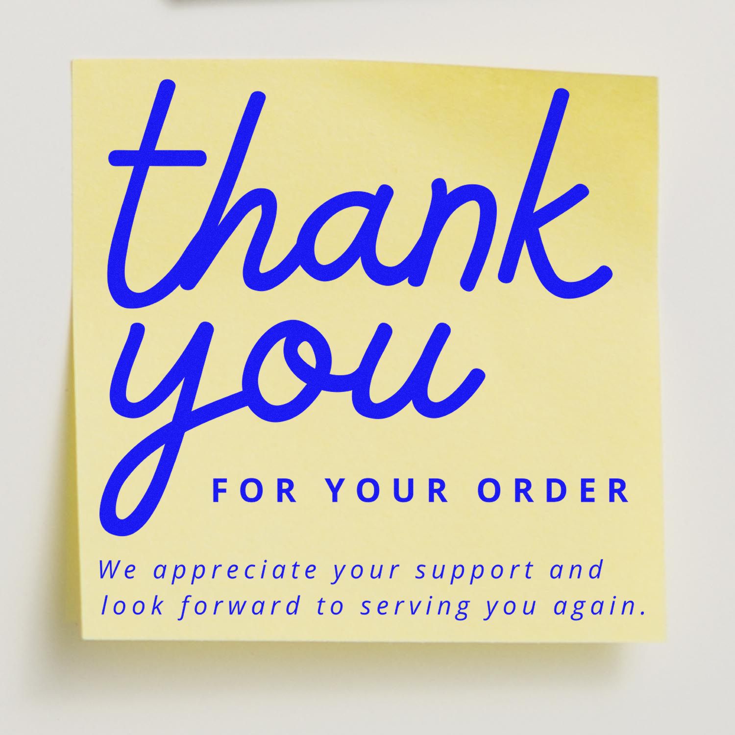 Yellow thank-you card with bold blue lettering for a stamp and seal order, saying thank you and for your order.