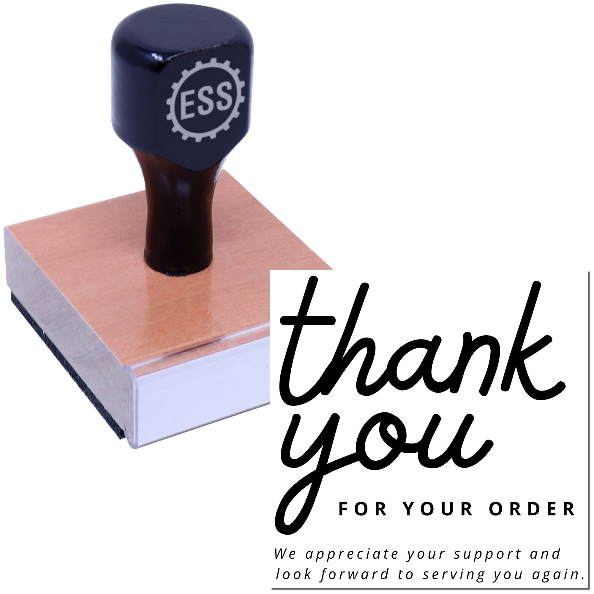 Black ESS self-inking stamp on a wooden seal block beside thank you for your order text.