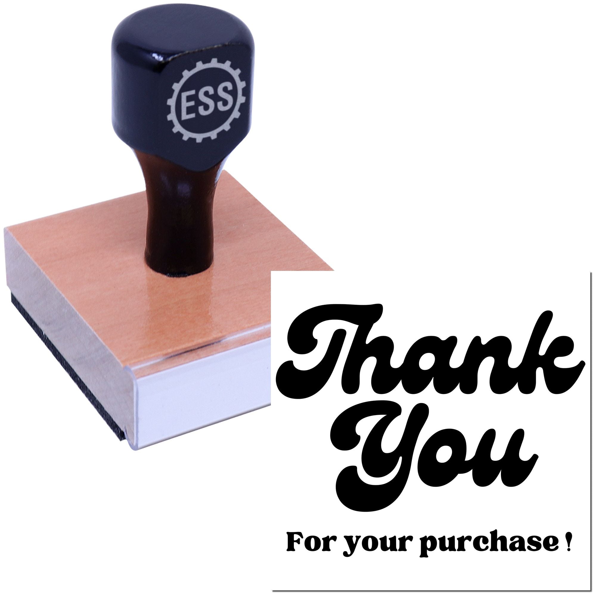 Custom ESS stamp and seal with dark blue handle on pink base, showing black Thank You impression.