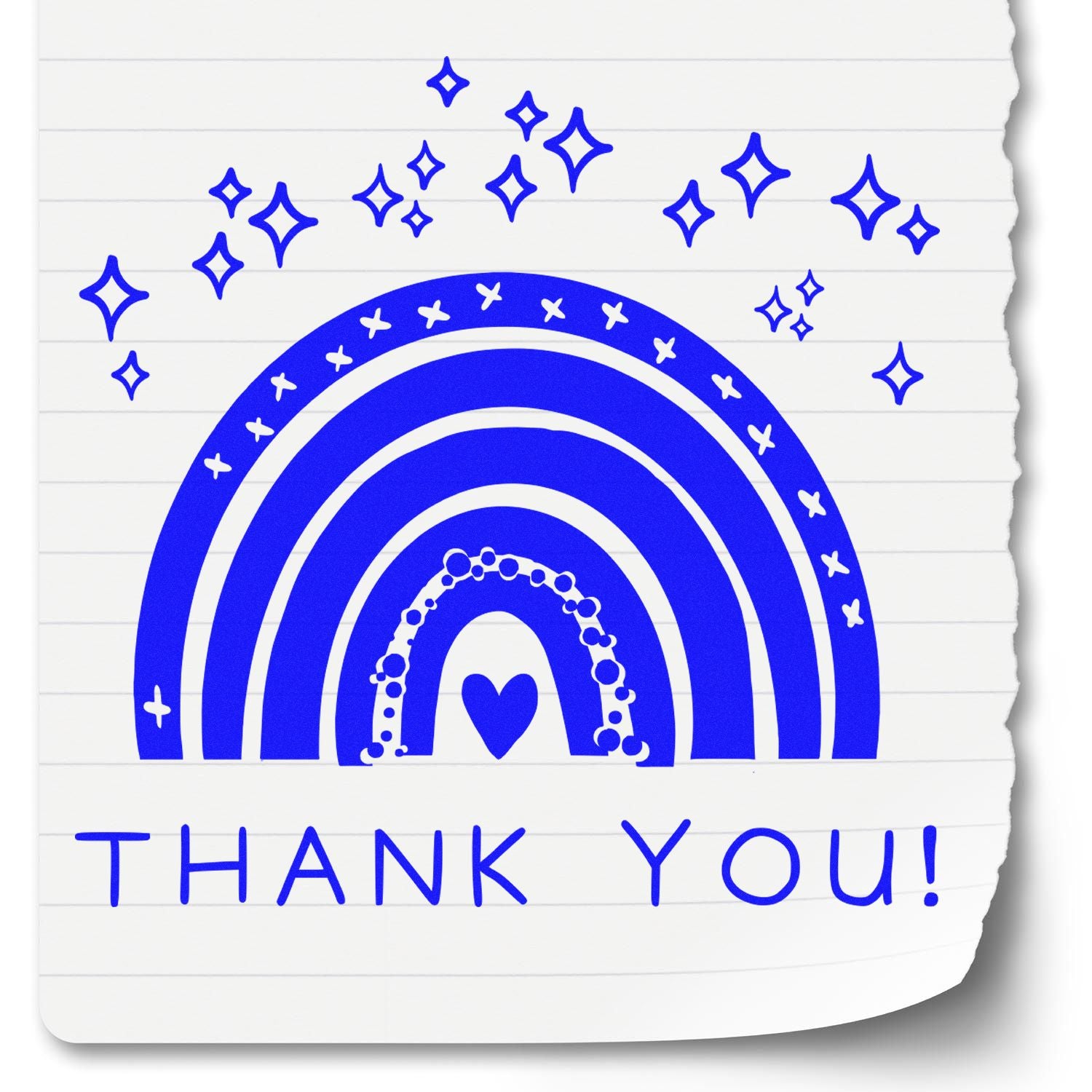 Blue thank-you stamp and seal with rainbow, stars, and heart on white lined paper, torn paper edge