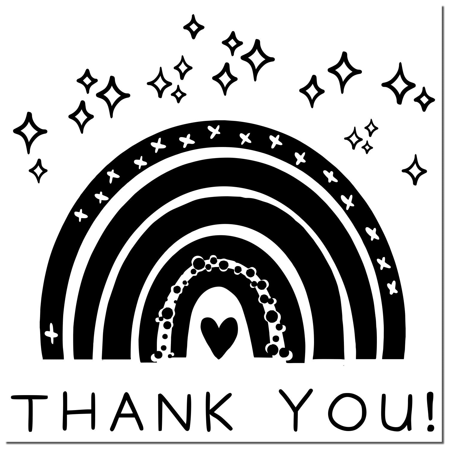 Black-and-white thank you stamp with rainbow, heart, and sparkles for seal or label use.