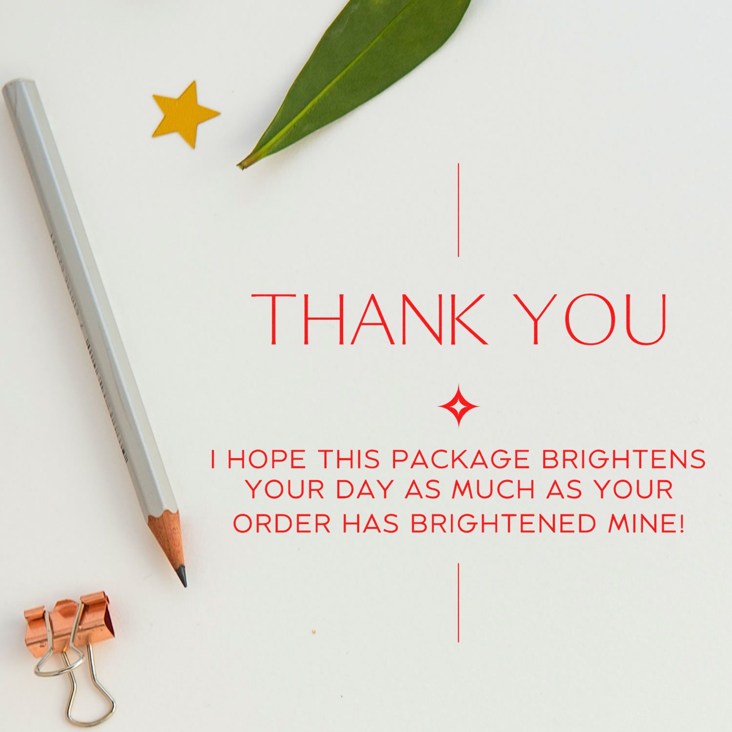 Thank-you stamp and seal product with red text, green leaf, yellow star, pencil, and copper binder clip on white background.