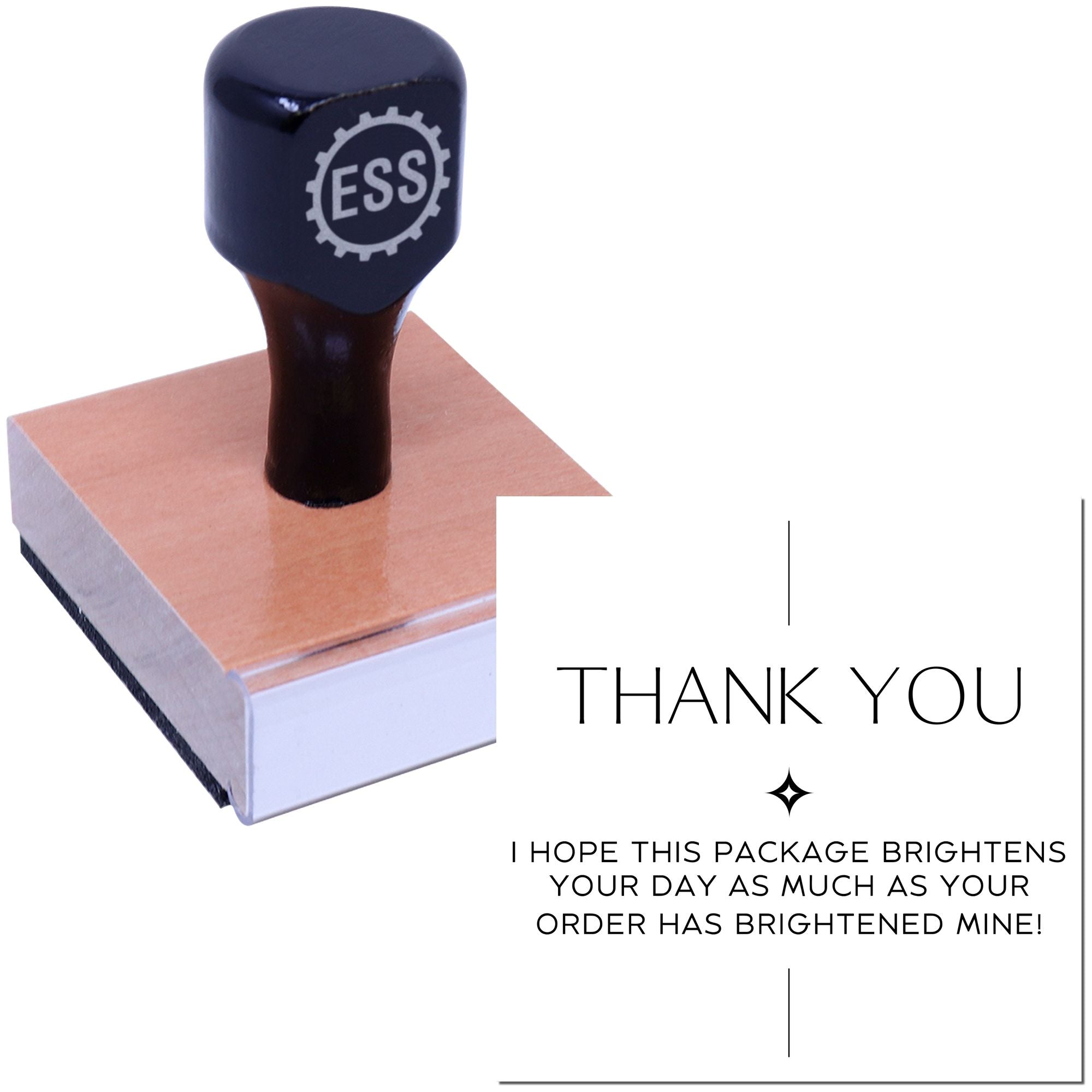 Dark navy ESS custom seal stamp on a pink wooden block beside a white thank-you card with black text.