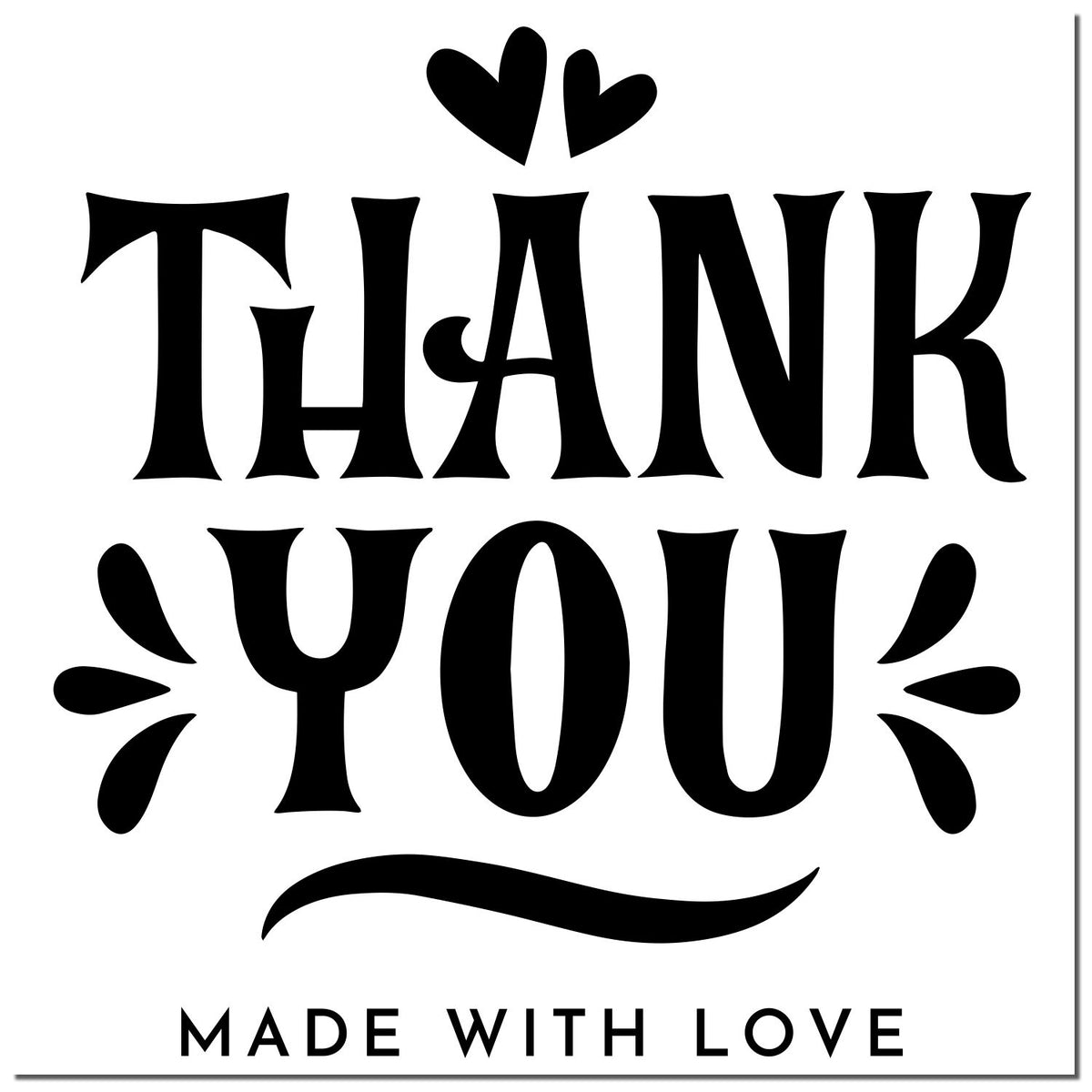 Black decorative thank-you stamp/seal with hearts and Made with Love in bold black on a white background.