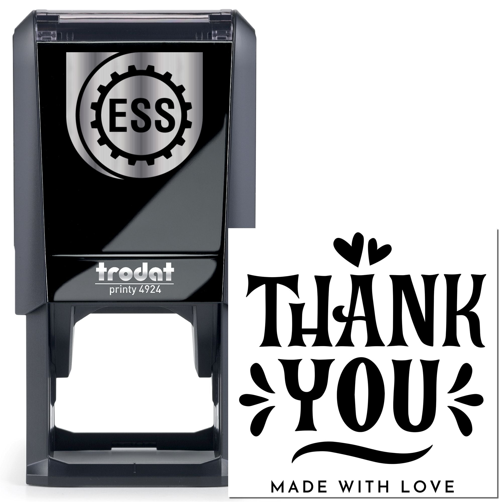 Black self-inking stamp and seal with ESS gear logo and ornate THANK YOU design on white background