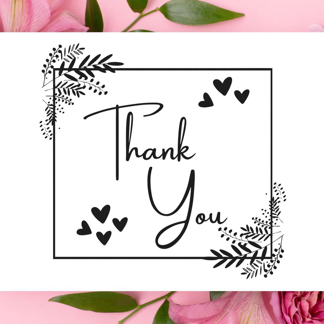 Black thank you stamp seal with leafy corners and hearts on a white square, framed by pink floral accents.
