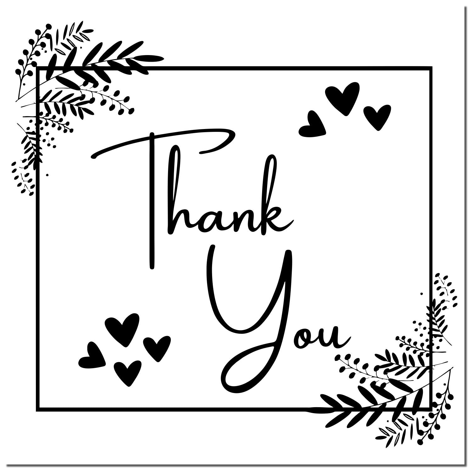 Black thank you stamp with square border, leafy corners, and hearts in a modern black-and-white seal design.