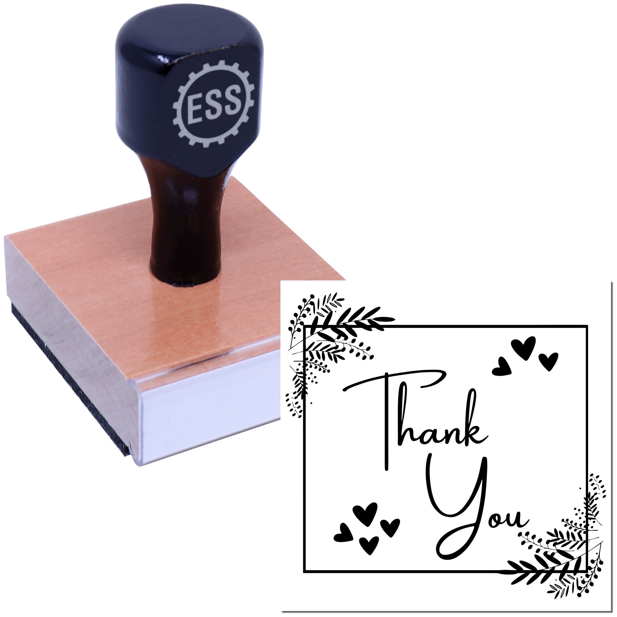 Black ESS custom rubber stamp on wooden seal block, with floral Thank You design and heart accents