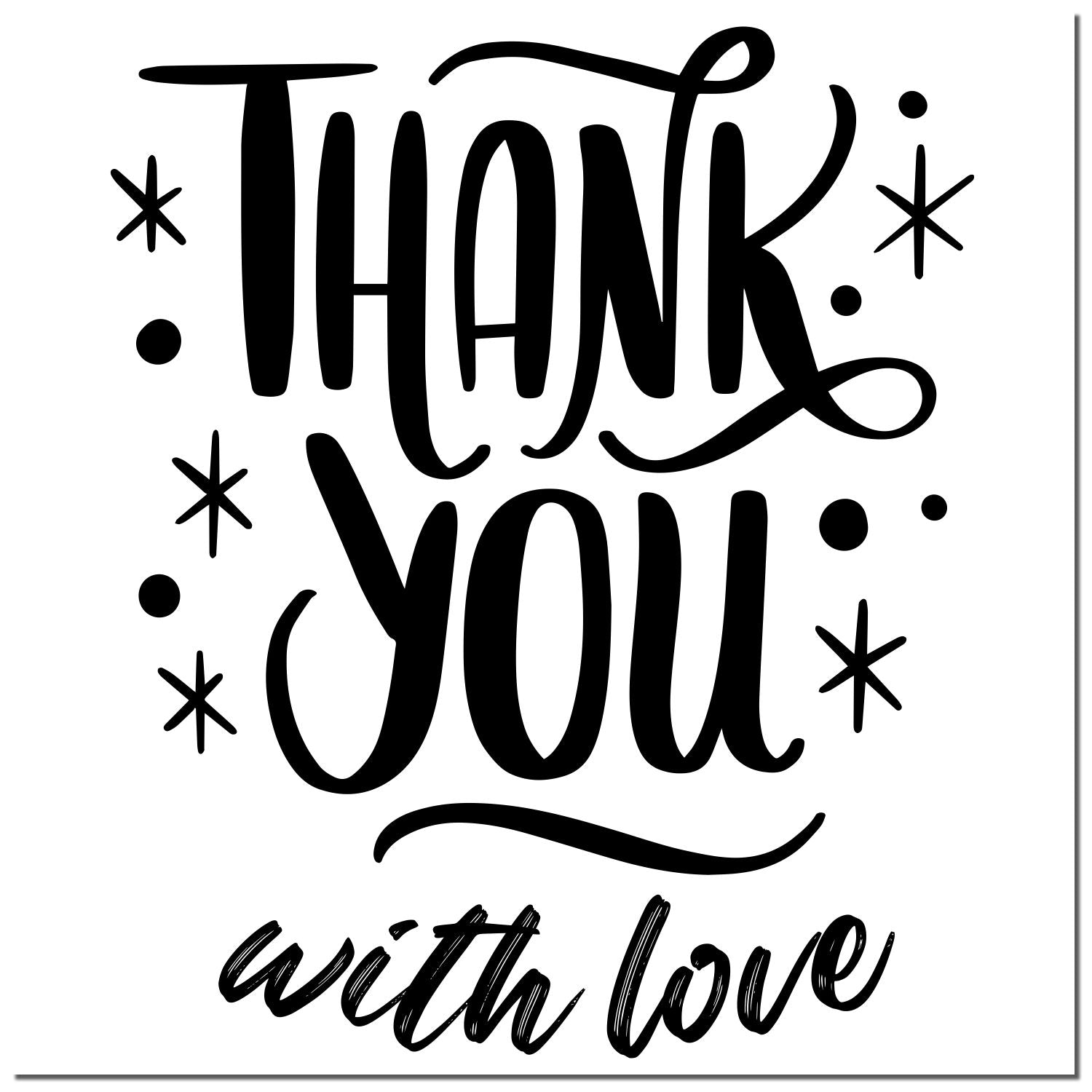 Black thank you with love stamp design with stars and dots on a white background for seal products