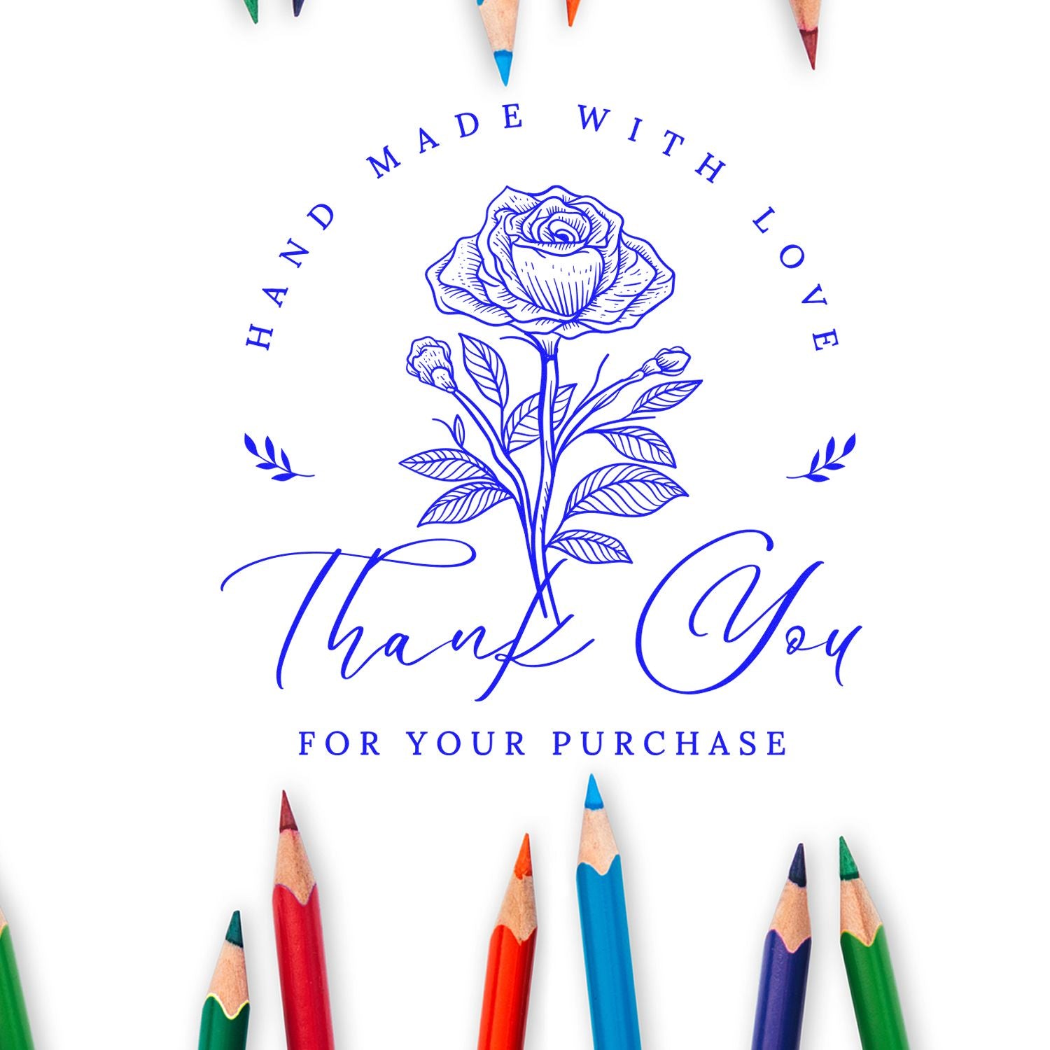 Blue floral thank-you stamp seal with rose, Hand Made With Love text, and colorful pencil tips on white background.