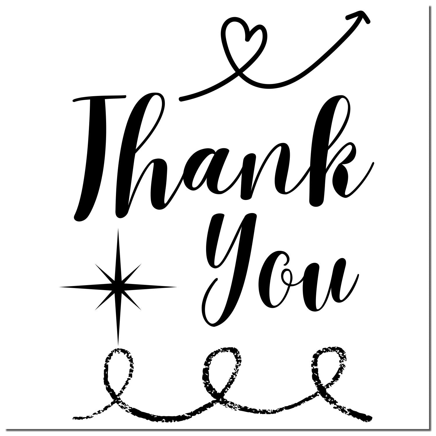 Black Thank You stamp/seal design in bold script, with a heart arrow, starburst, and looping black accents on white.