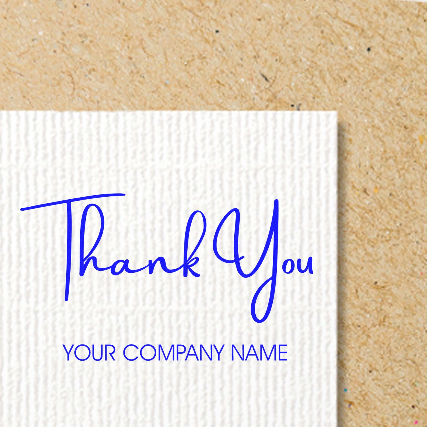 Blue thank-you stamp and custom seal text on white textured card with your company name, on tan kraft paper background.