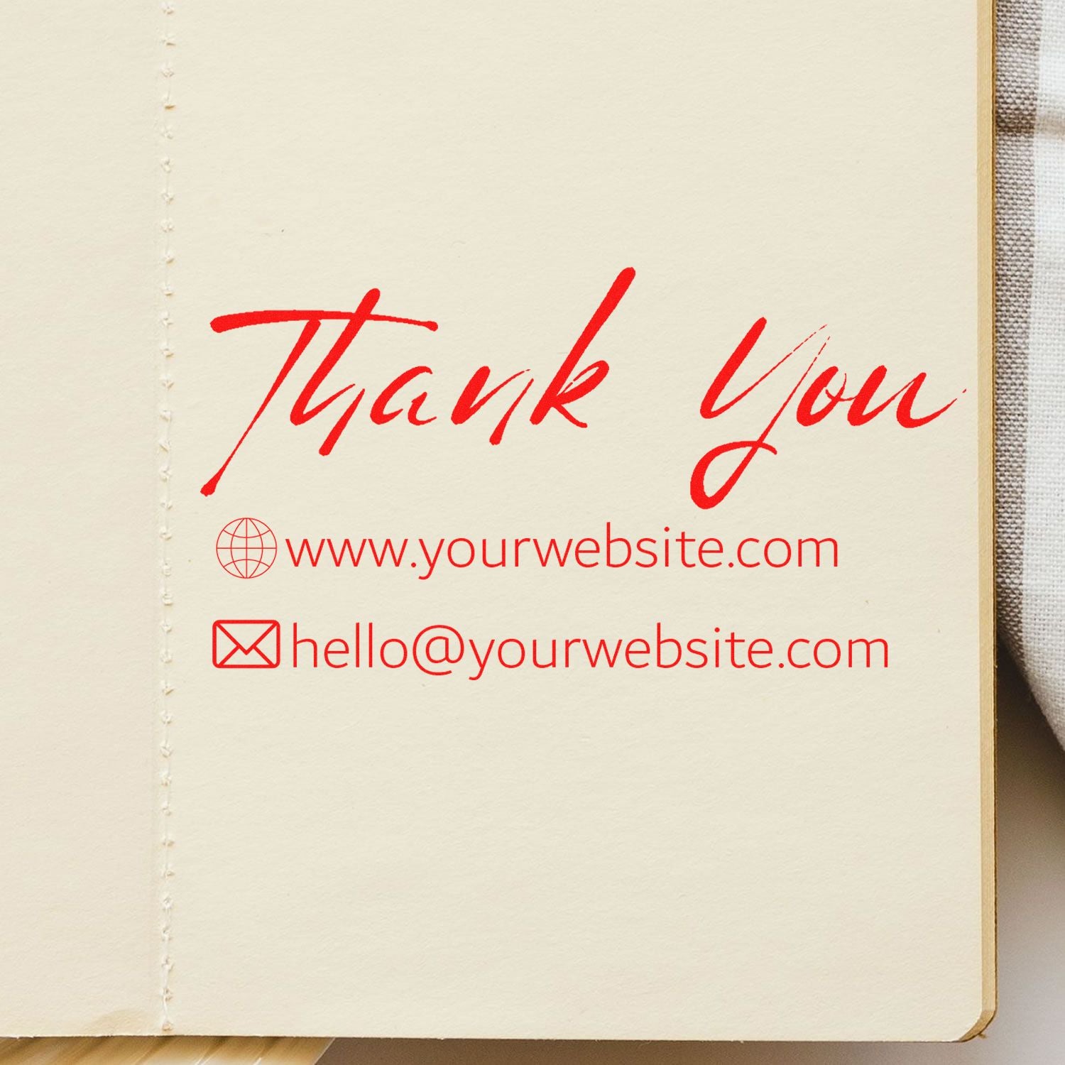 Red custom thank-you stamp with website and email on cream paper; seal-style branding for stamp and seal products.