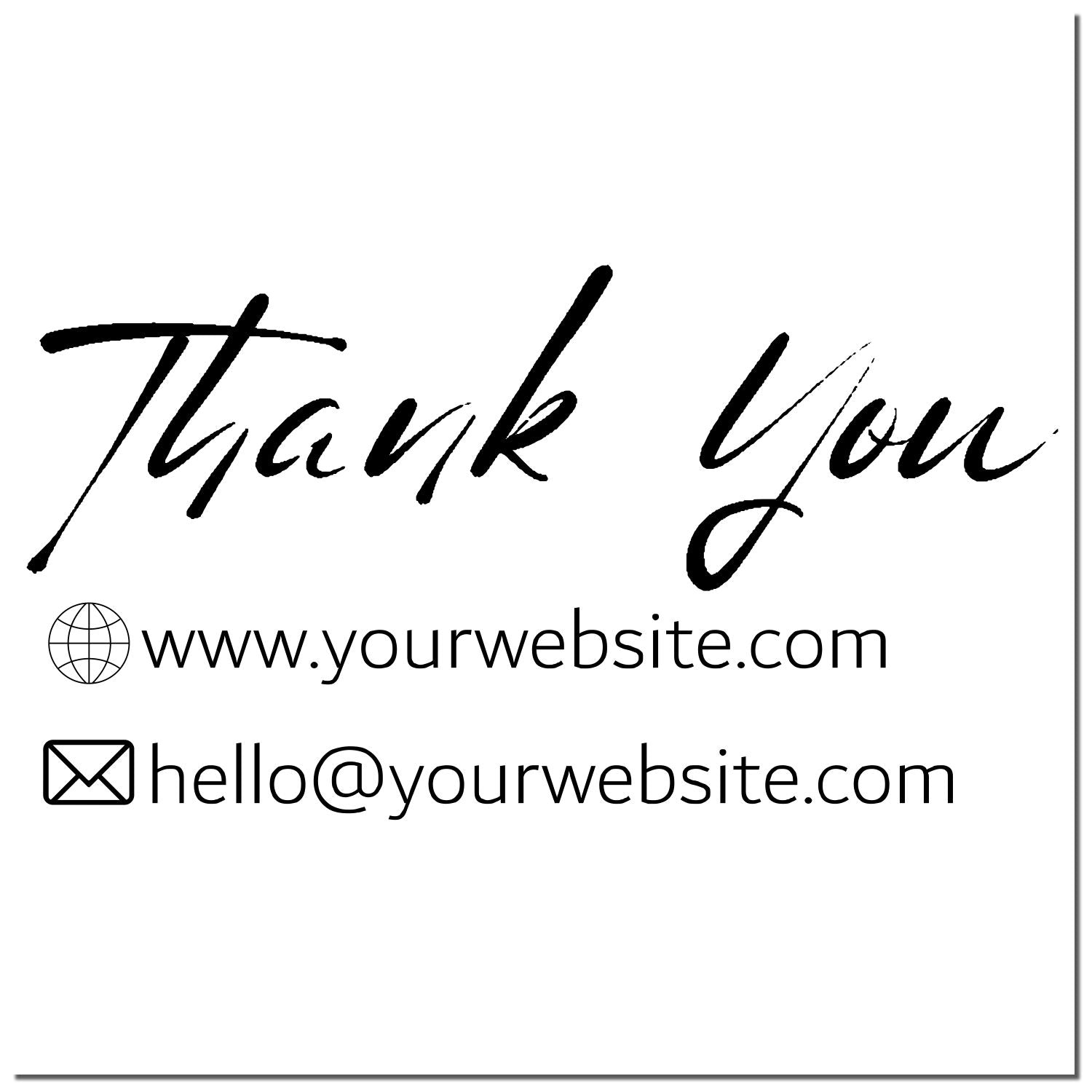Custom black thank you stamp and seal with website and email icons on a white background.