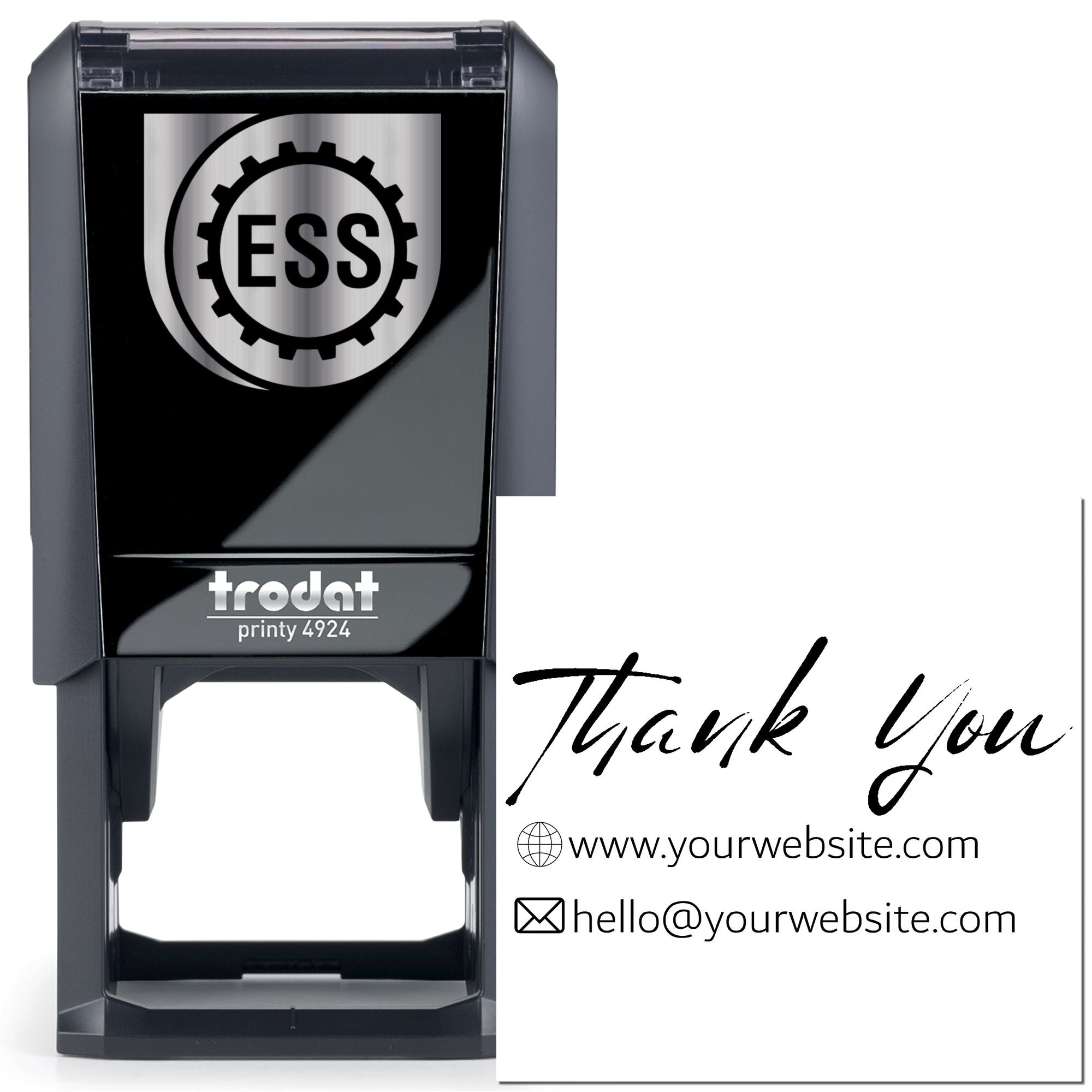 Black self-inking stamp and seal with ESS gear logo, showing custom Thank You imprint, website and email text.