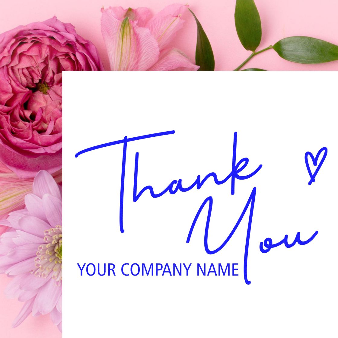 Blue custom thank-you stamp seal with heart and company name on white card, framed by pink flowers and green leaves.