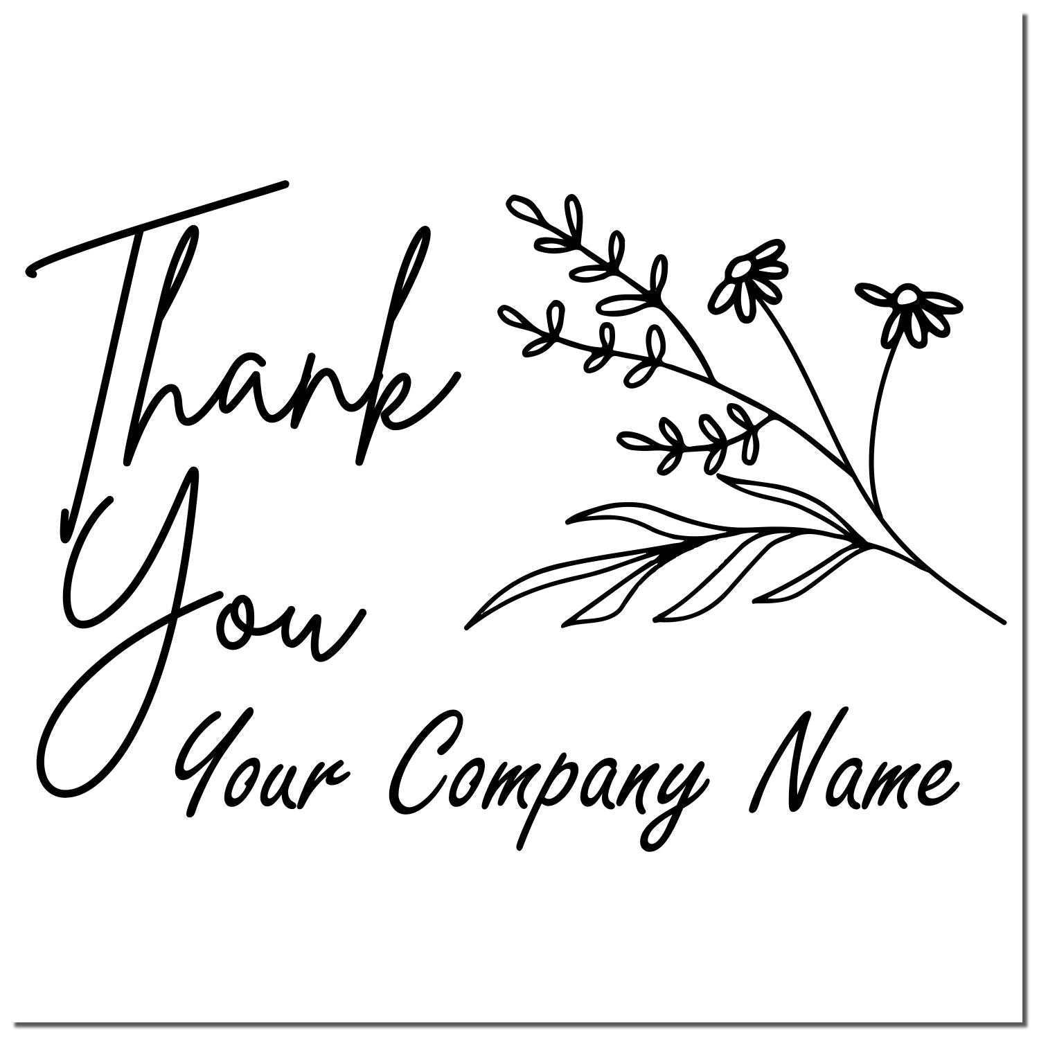 Black thank-you stamp and seal design with floral line art and Your Company Name on white background