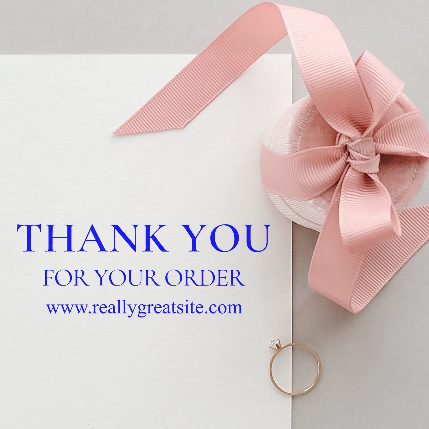 White thank-you order card with blue text, pink ribbon seal stamp, and a gold ring seal on a soft gray background.