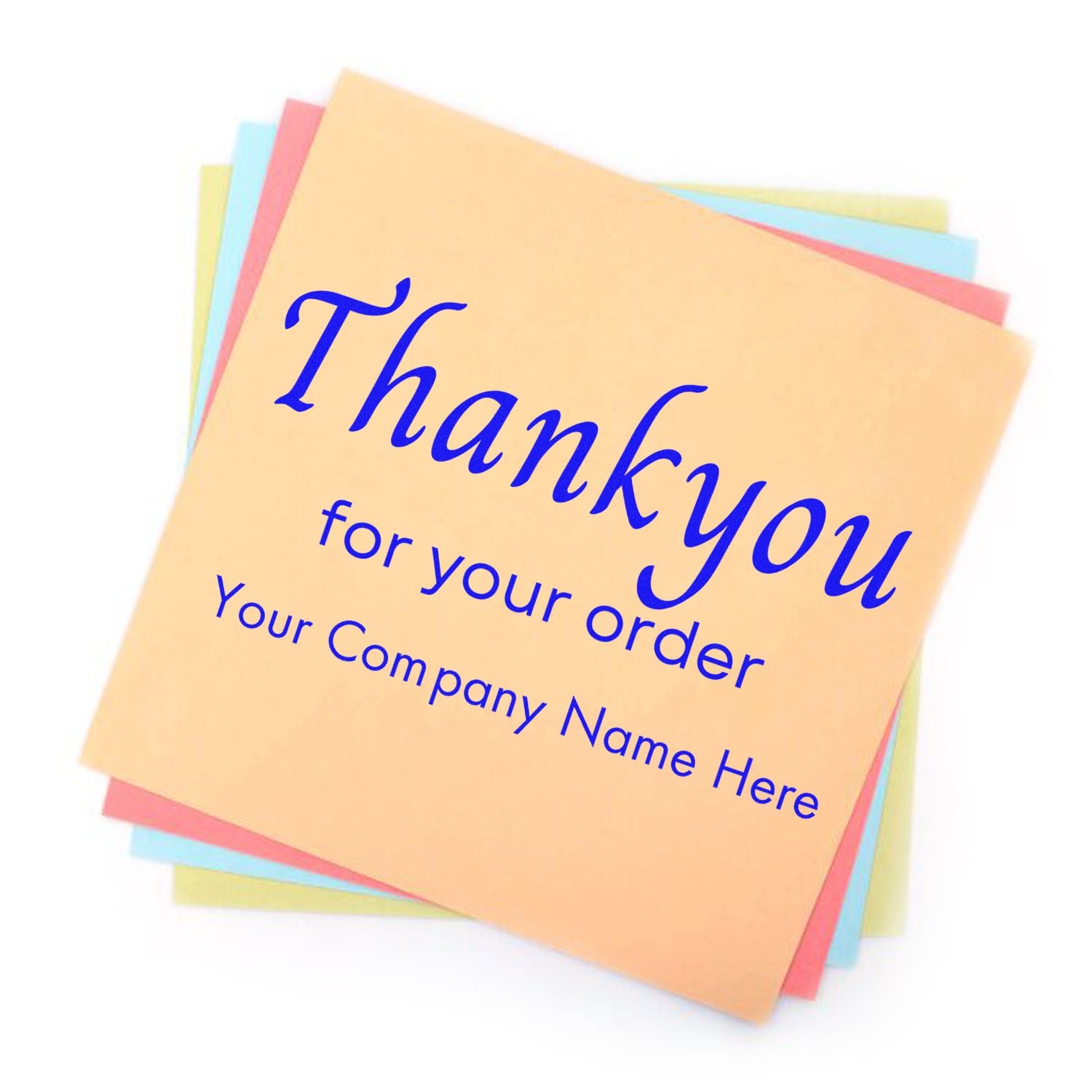 Custom stamp and seal thank-you cards in peach, pink, blue and yellow with blue script text.