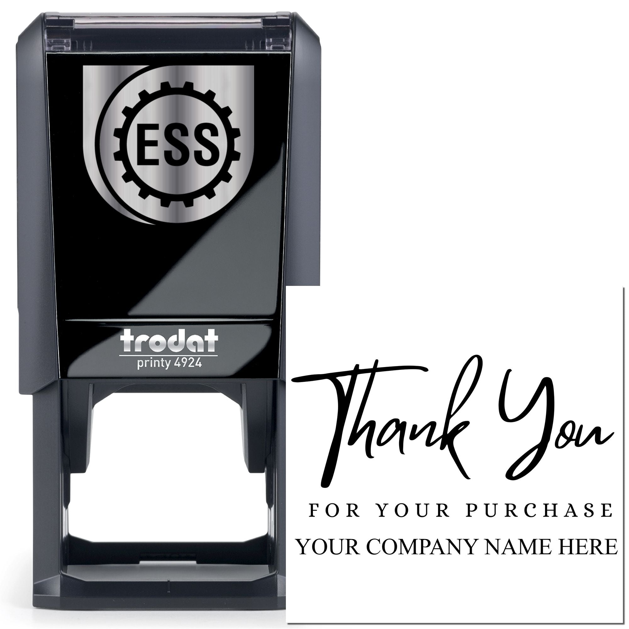 Black self-inking stamp and seal with ESS logo, silver gear emblem, and Thank You on white card.