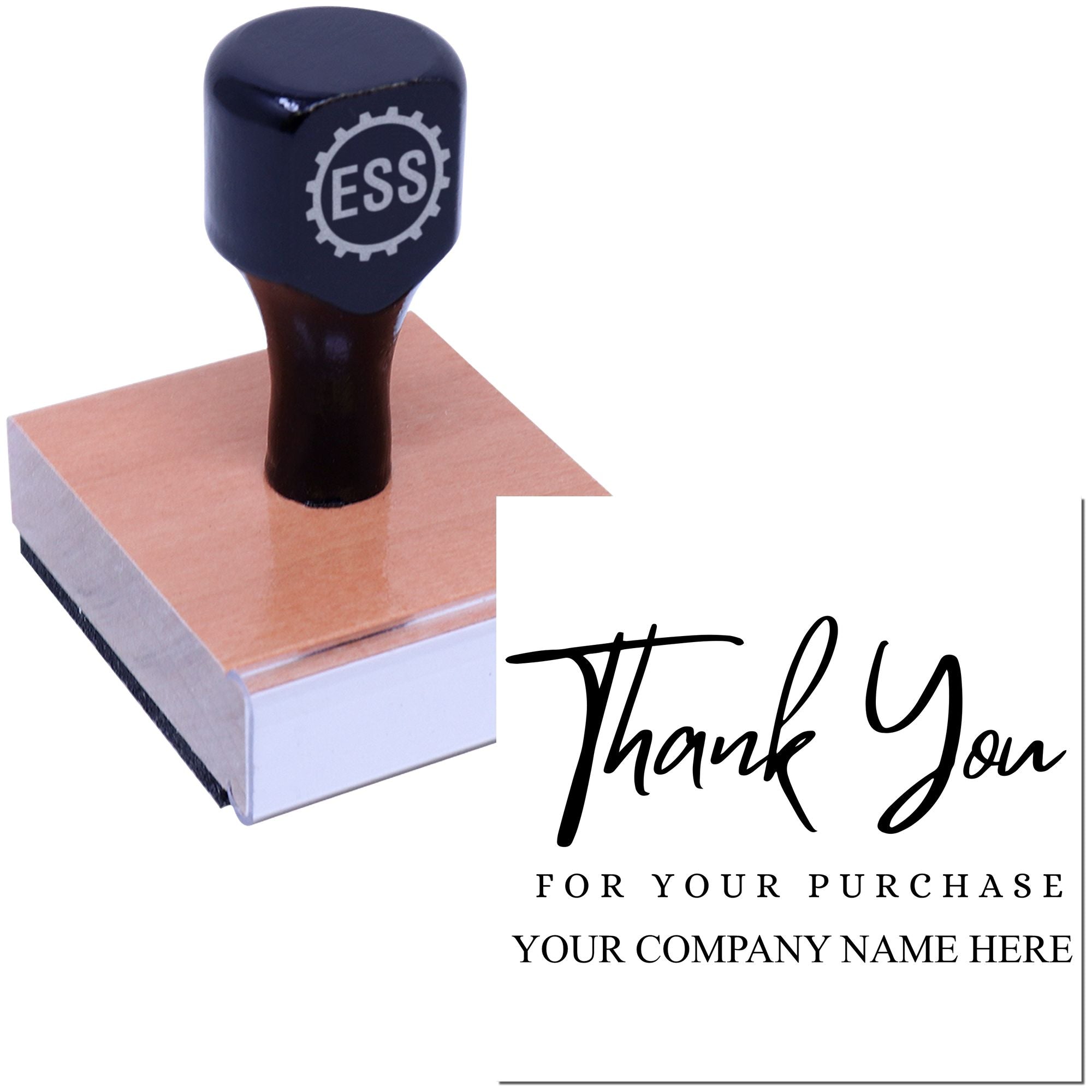 Black ESS rubber stamp and seal on a wooden block with Thank You design, on a white background.