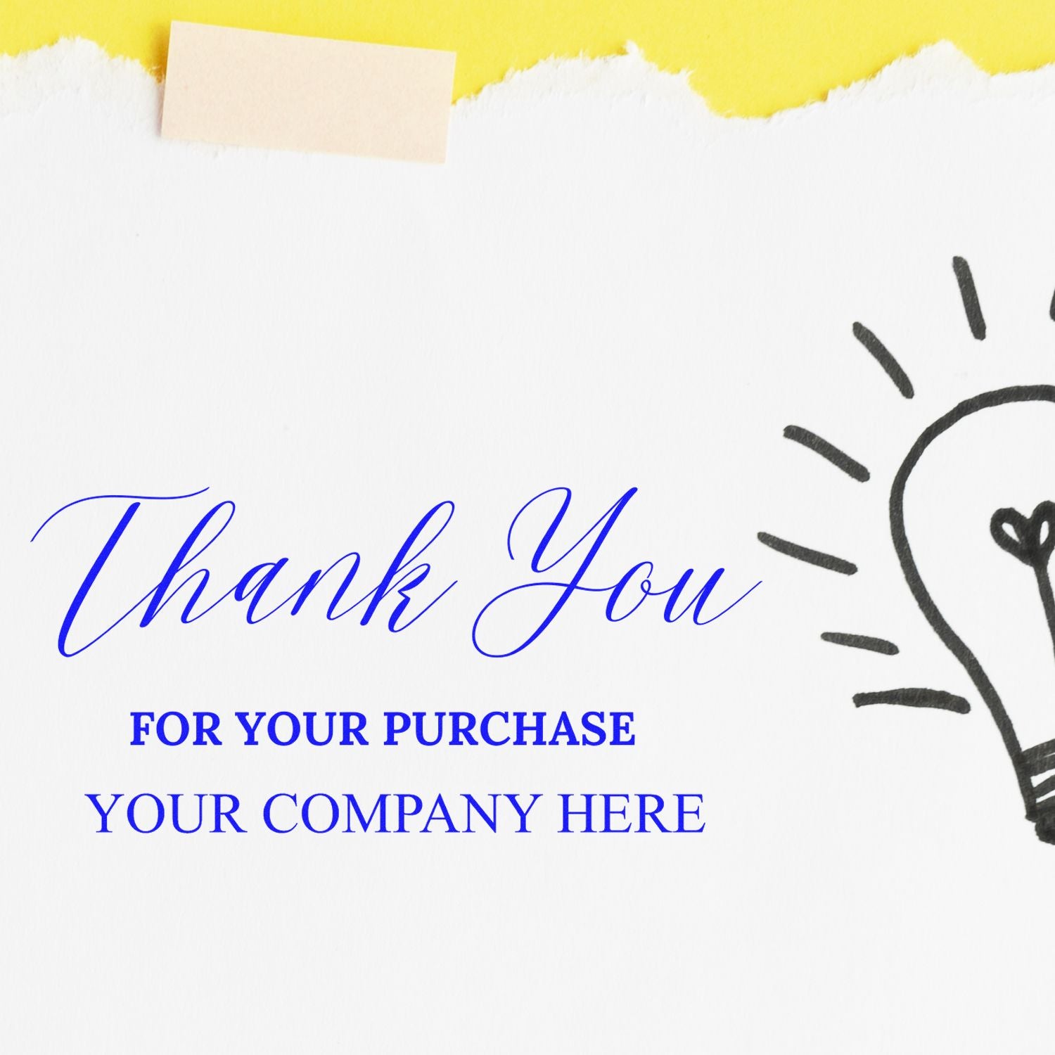 Custom blue thank-you stamp and seal on white card with yellow torn edge, beige tape, and black lightbulb graphic