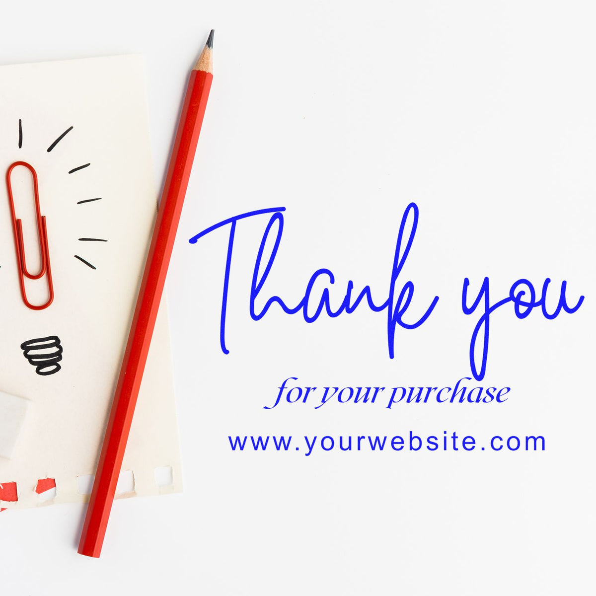 Custom thank you stamp and seal product card with blue script, red pencil, and red paperclip on white background.