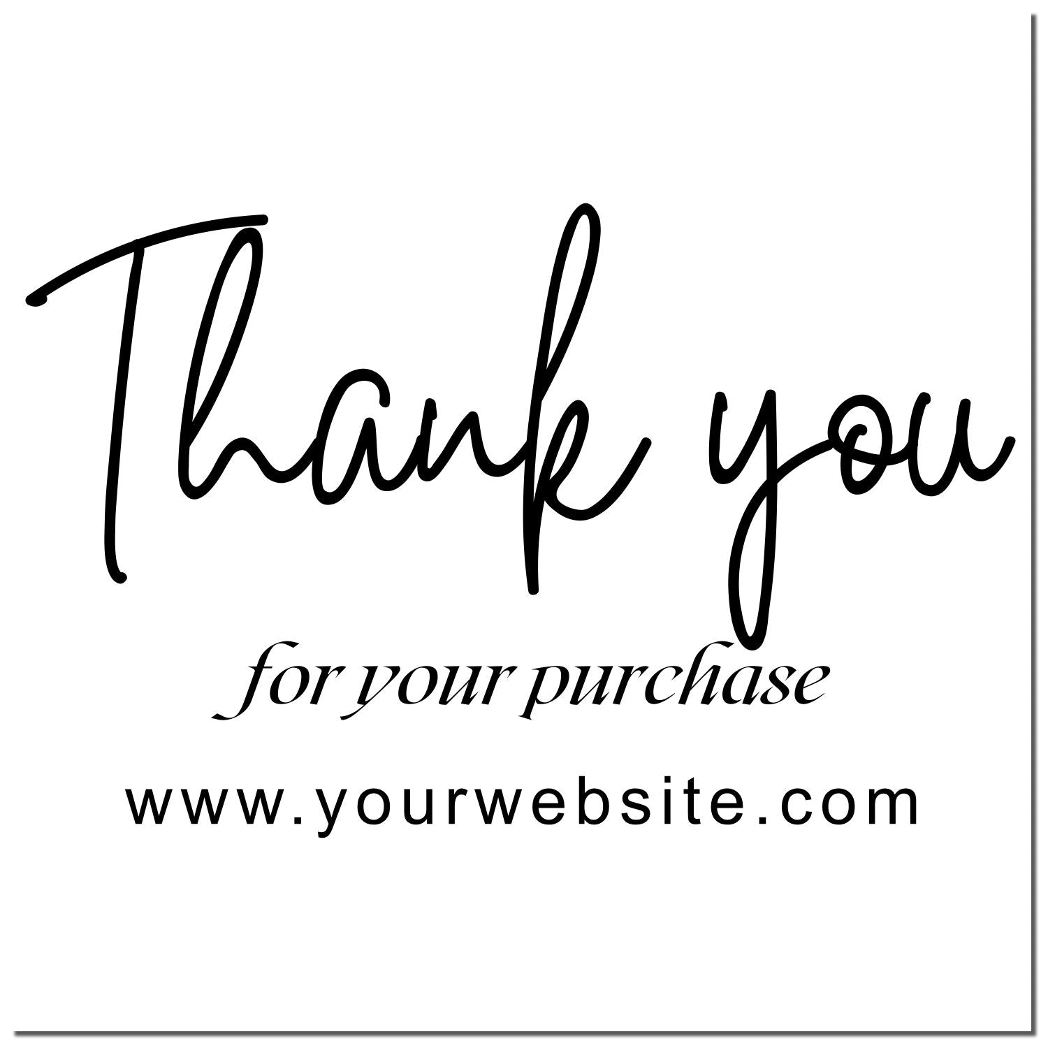 Black thank-you stamp seal with cursive text, for your purchase, and website on a white background.